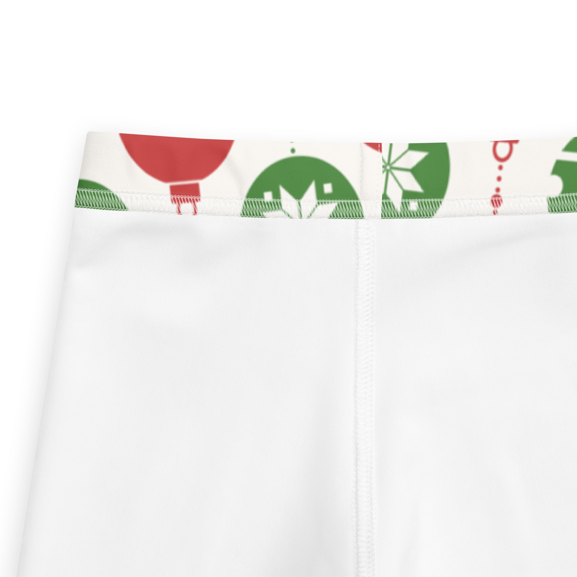Kids red and green christmas ornament buttery soft white leggings with festive waistband featuring ornament patterns