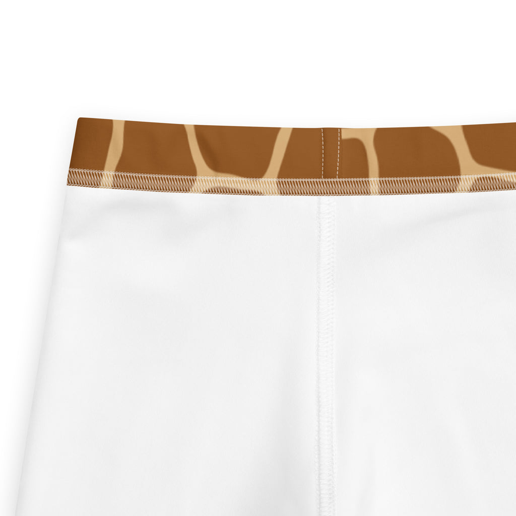 Kids giraffe print buttery soft white leggings with brown and beige giraffe print waistband