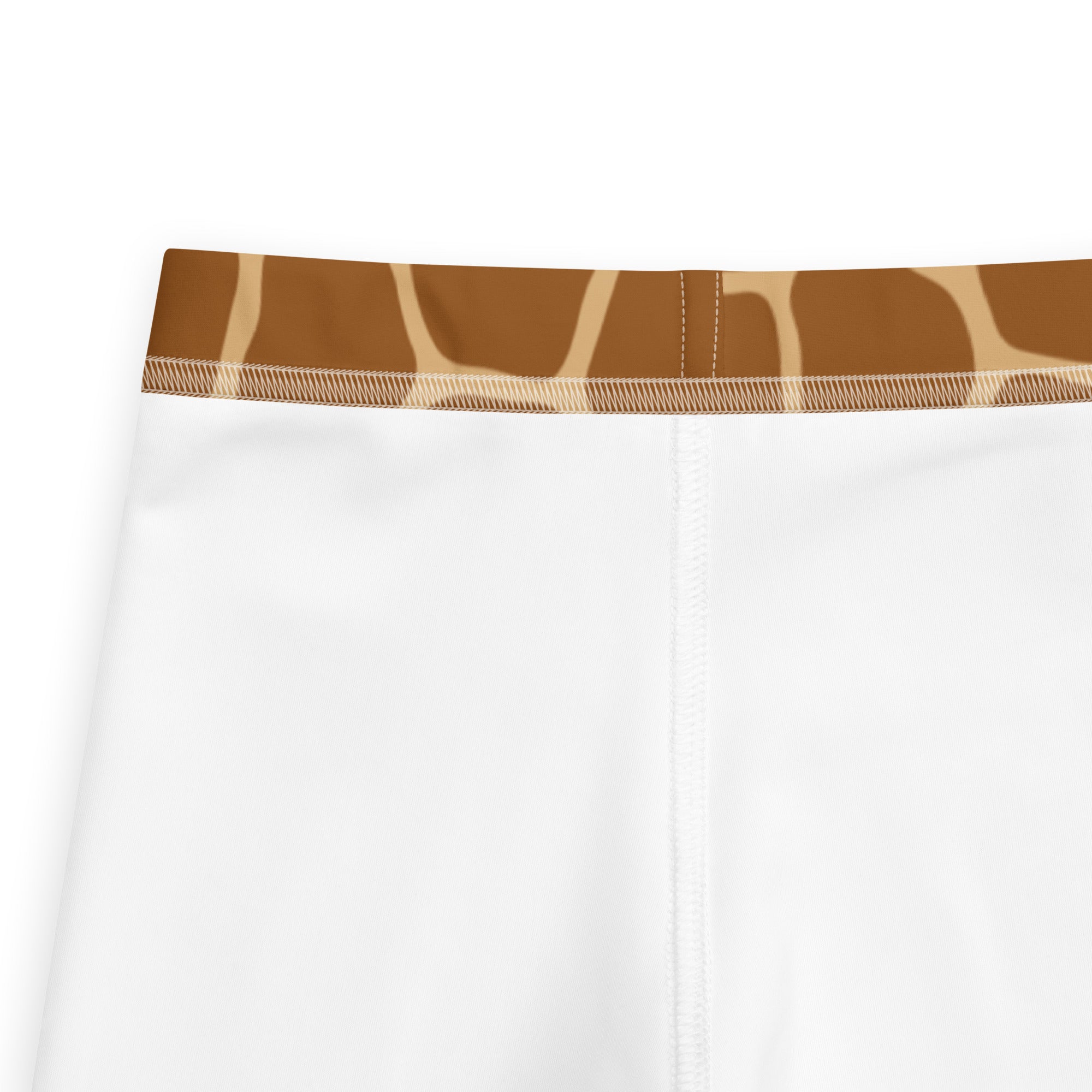 Kids giraffe print buttery soft white leggings with brown and beige giraffe print waistband