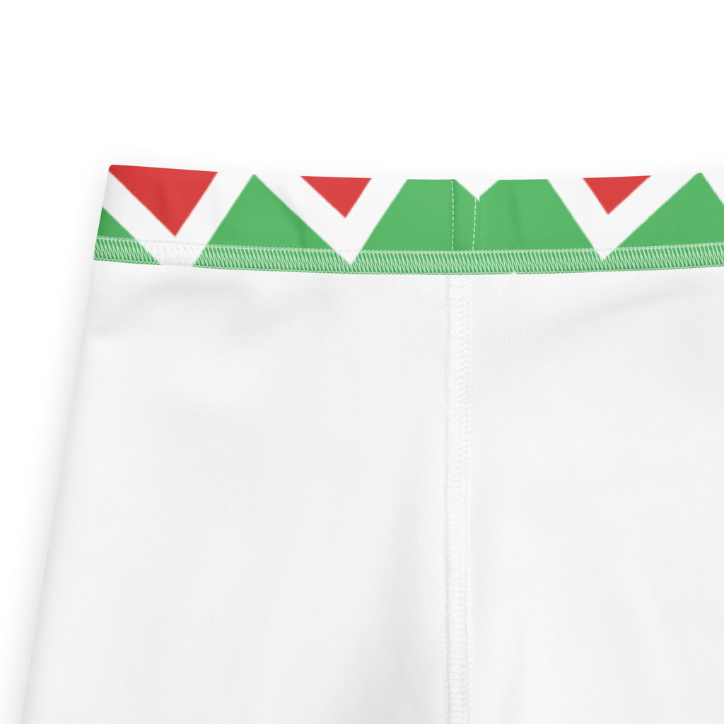 Kids christmas chevron striped buttery soft white athletic leggings with vibrant green and red triangular waistband pattern
