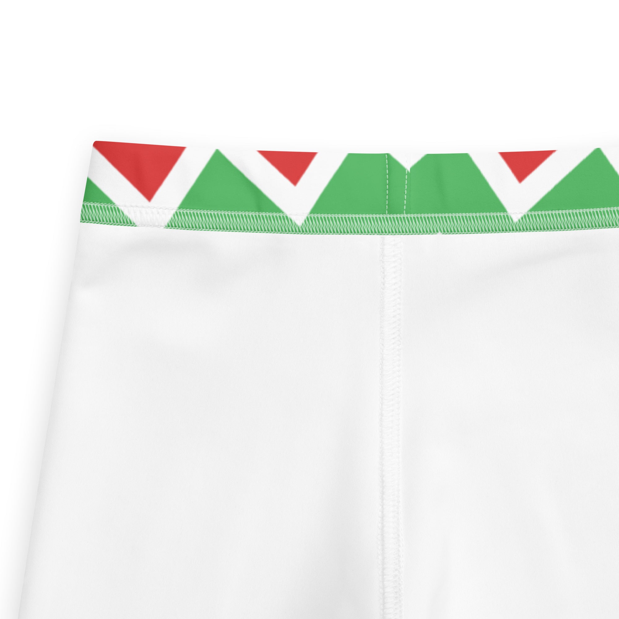 Kids christmas chevron striped buttery soft white athletic leggings with vibrant green and red triangular waistband pattern
