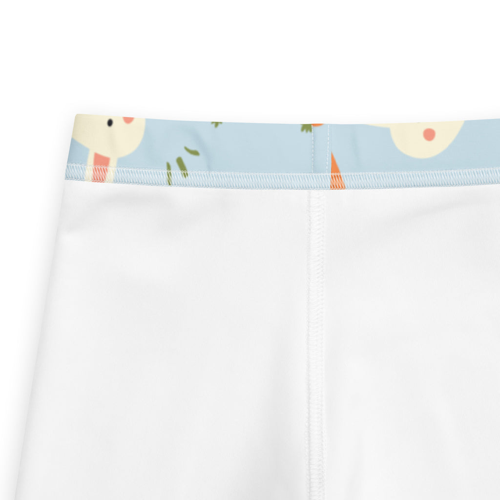 Girls Easter bunny carrot buttery soft white leggings with light blue waistband and cute cartoon animal pattern