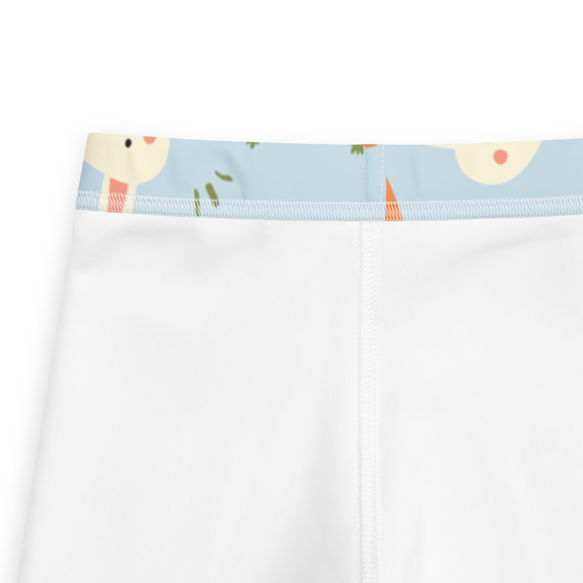 Girls Easter bunny carrot buttery soft white leggings with light blue waistband and cute cartoon animal pattern