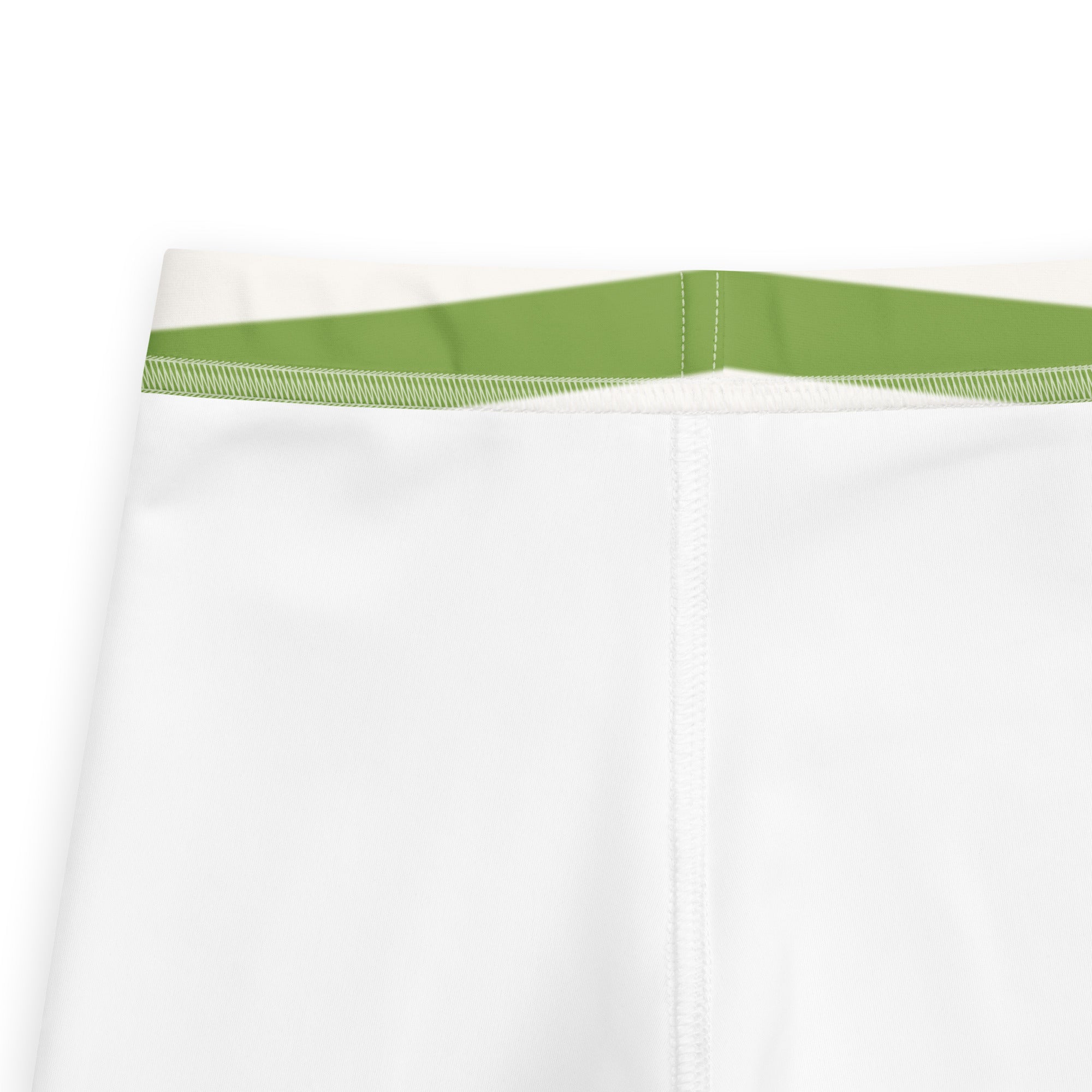 Kids red and green striped christmas buttery soft leggings with white fabric and green stitched trim on top edge