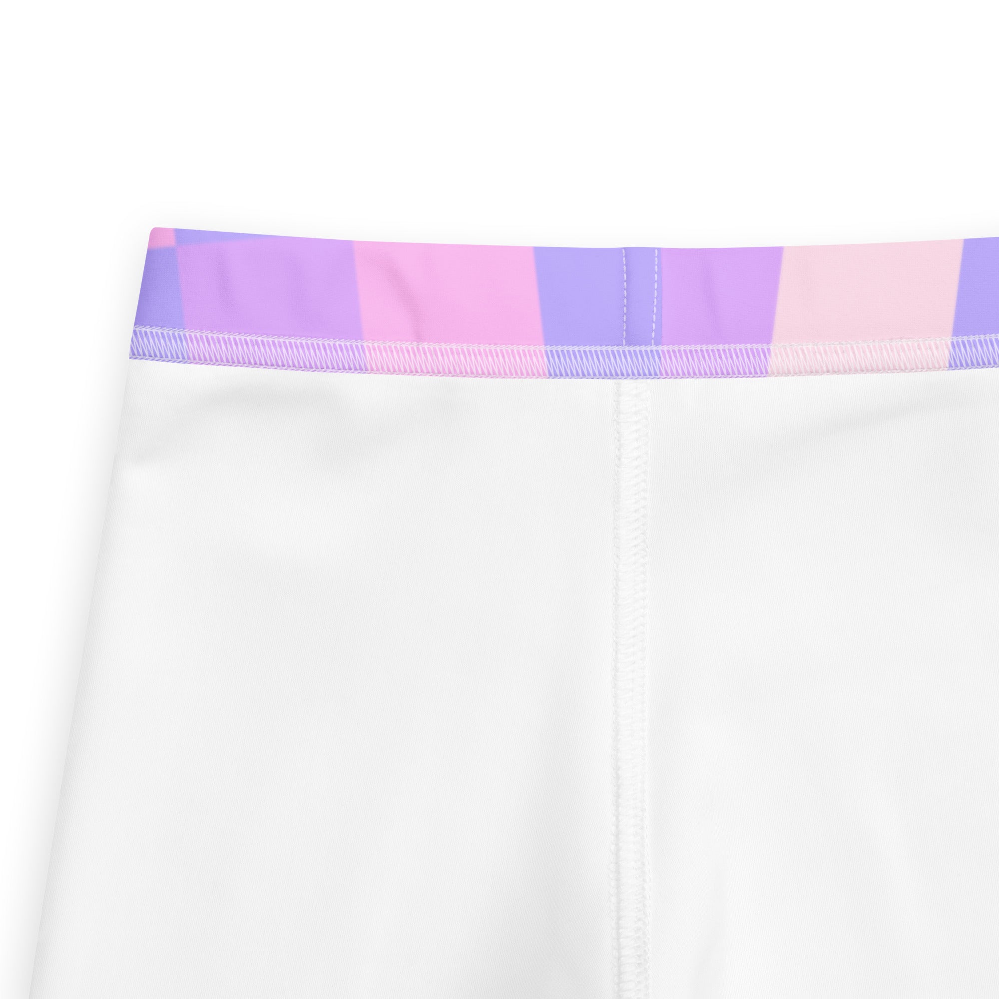 White girls leggings with purple checkered pattern and colorful pink and purple striped waistband buttery soft material