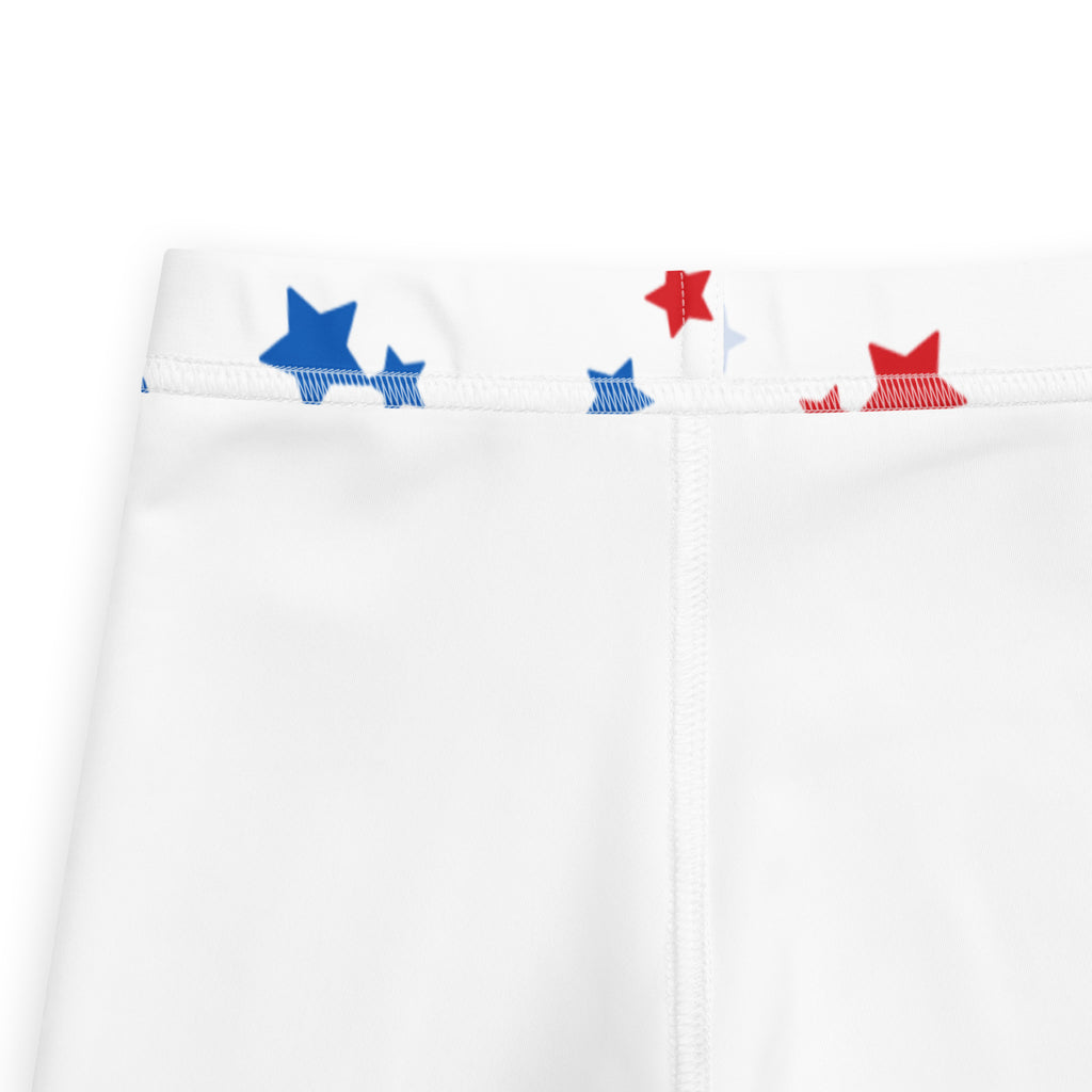 Kids red white and blue stars buttery soft leggings featuring white shorts with red and blue star pattern on waistband