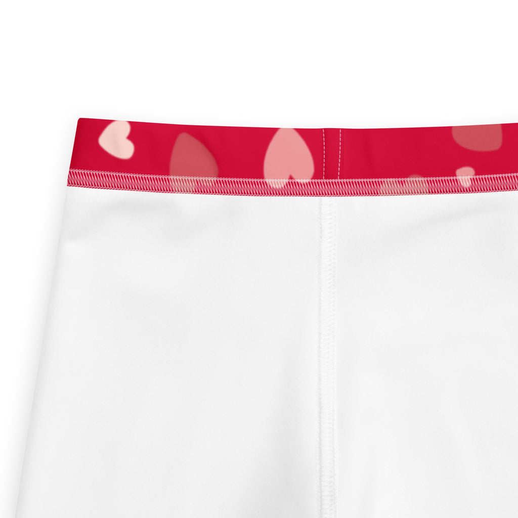 Girls red heart print buttery soft leggings white underwear with red waistband and pink heart patterns front view