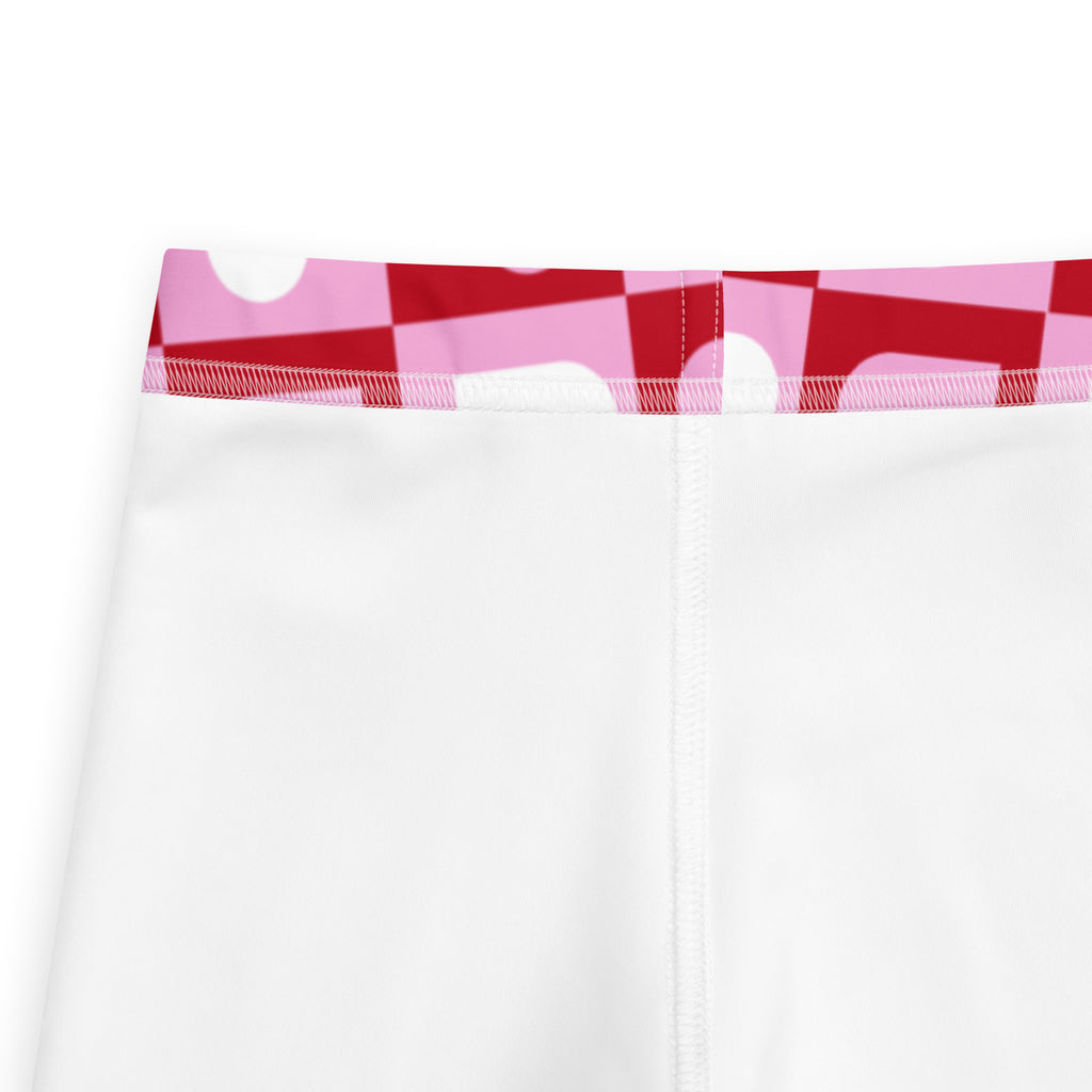 Girls pink checkered heart buttery soft white leggings with a red and pink checkered waistband and white polka dots
