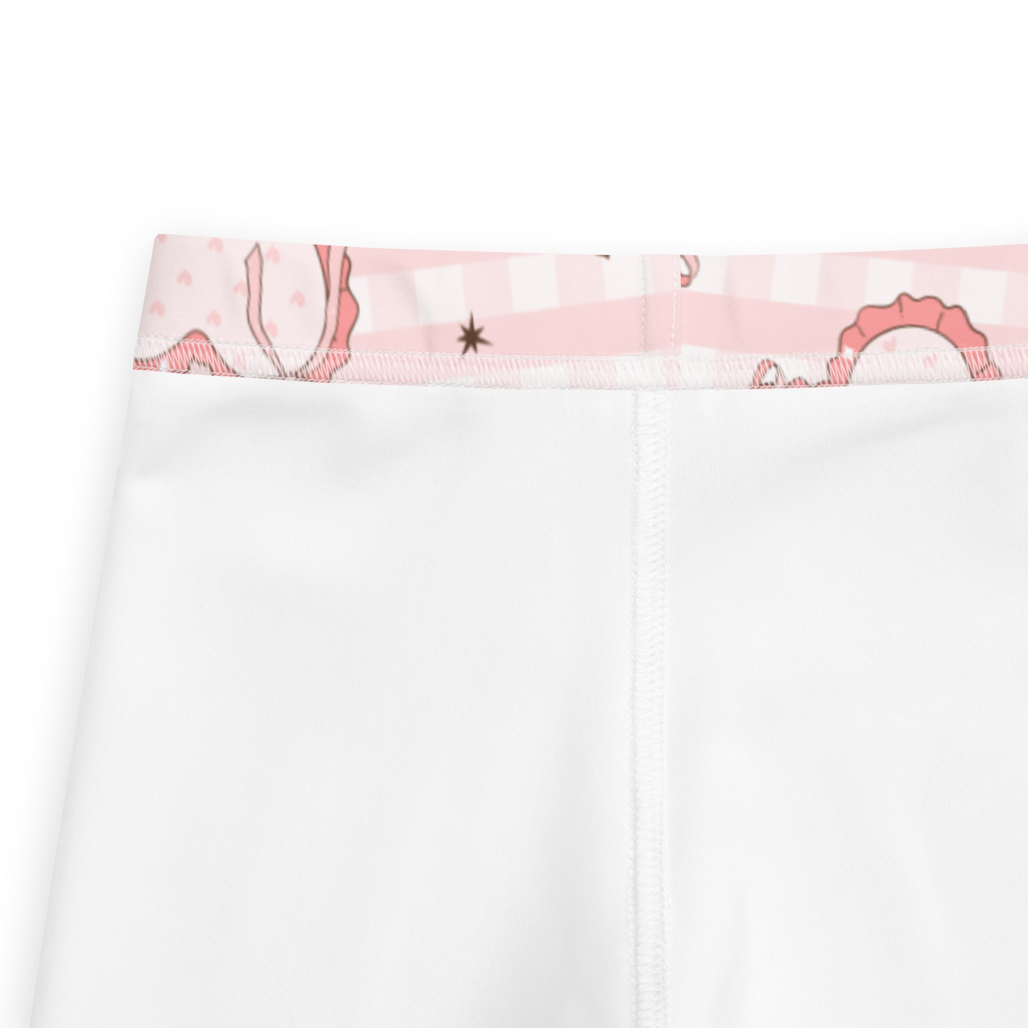 Girls buttery soft white leggings with pink and white checkered waistband and cartoon bunny illustrations