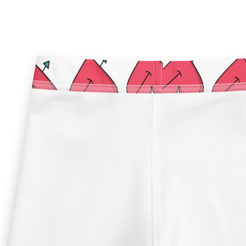 White girls arrow heart valentine’s day leggings with red tent pattern green arrows and black stitched waistband details