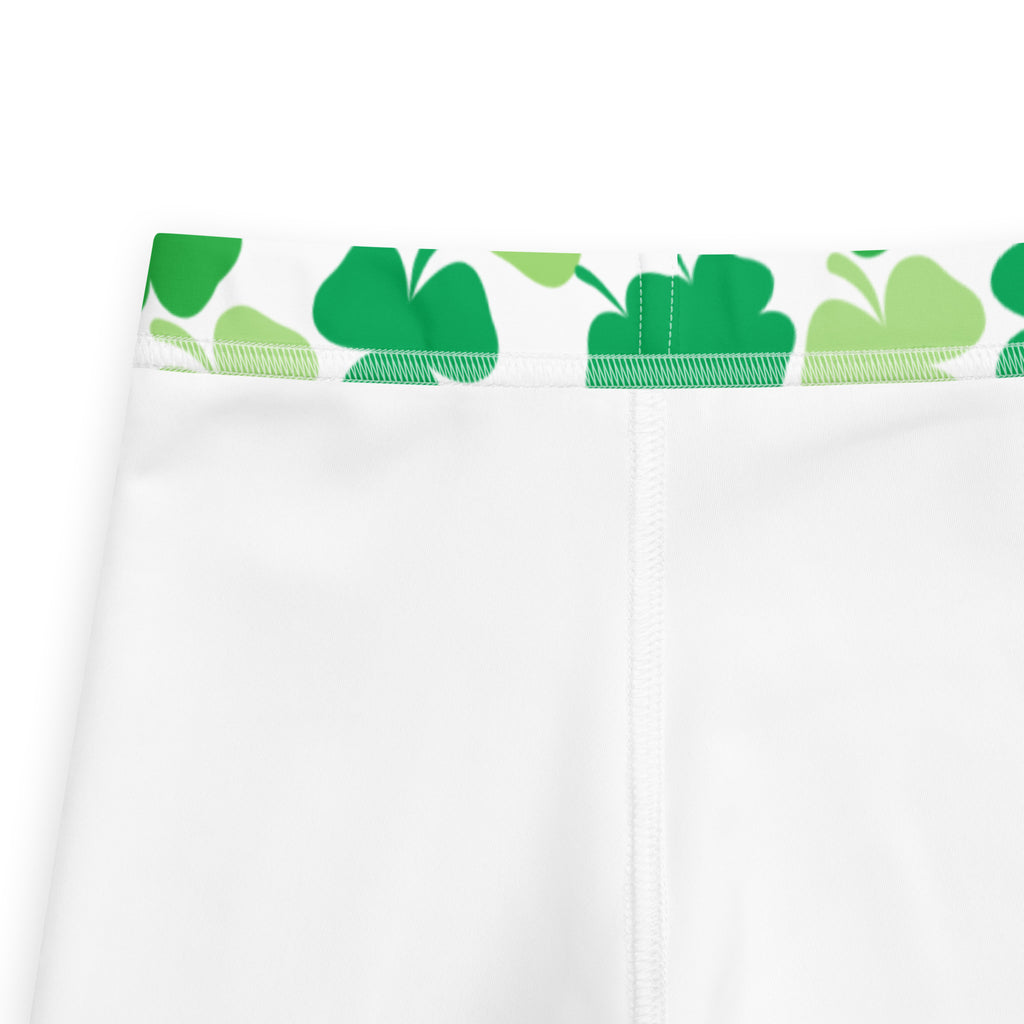 White athletic shorts with a green shamrock patterned waistband from girls green shamrock buttery soft leggings