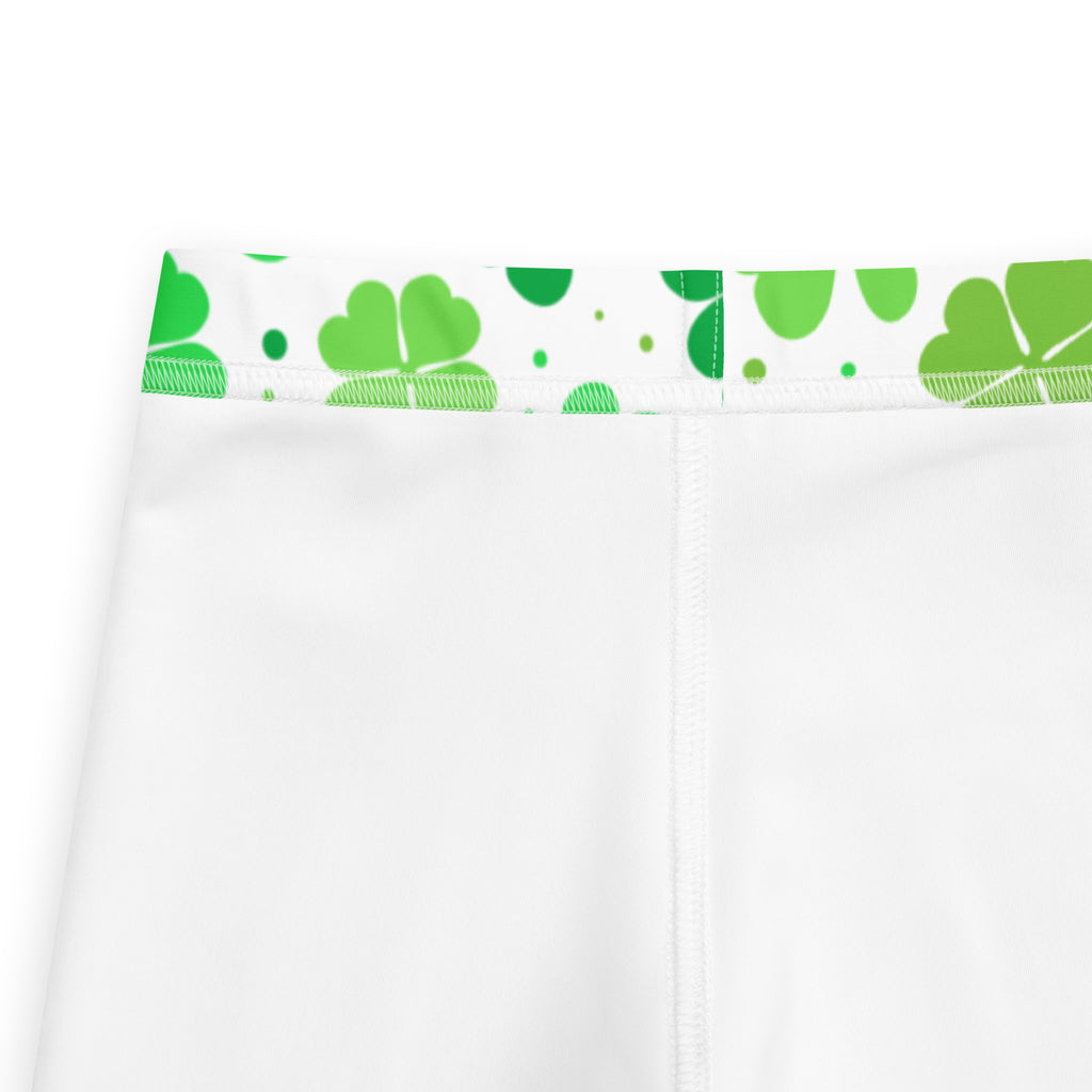 White girls lucky shamrock buttery soft leggings with green shamrock pattern on the waistband
