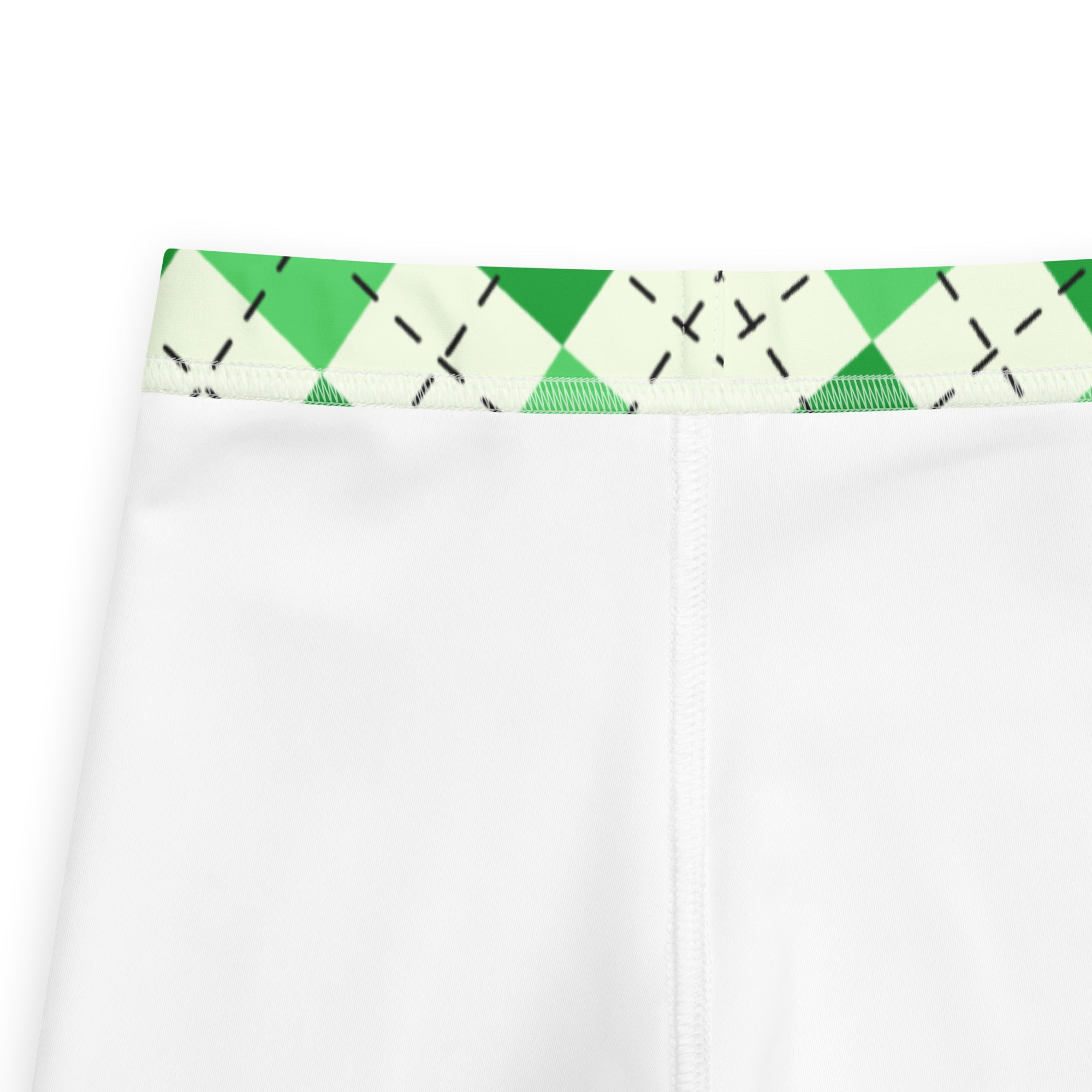 Girls green argyle St Patricks Day buttery soft white leggings with green cream waistband and black diagonal stitching
