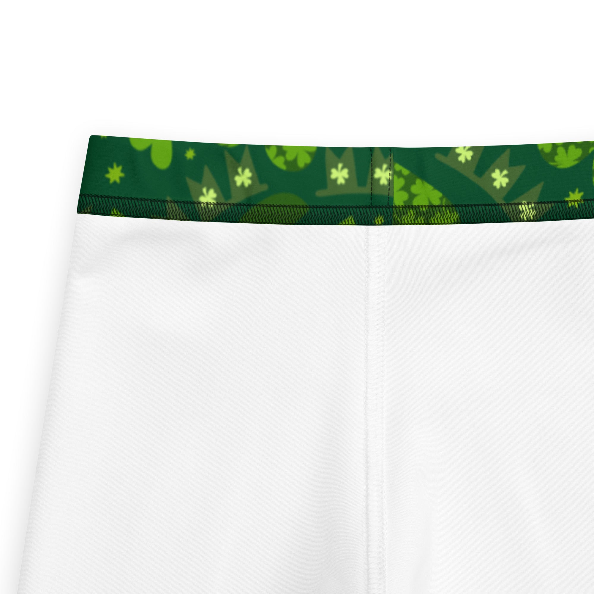 White girls lucky heart shamrock buttery soft athletic shorts with green elastic waistband and shamrock crown patterns