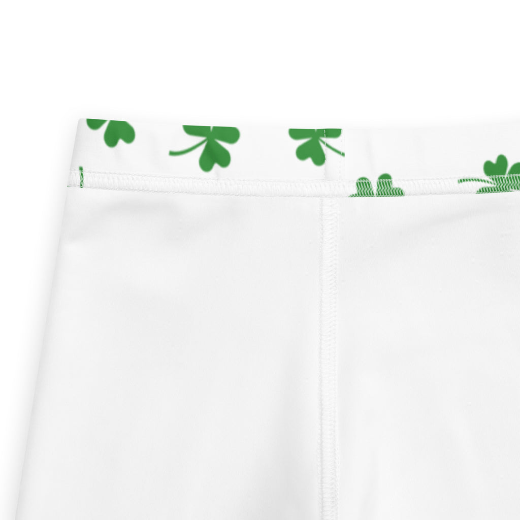 Girls minimal green clover st patricks day white buttery soft leggings with shamrock pattern waistband