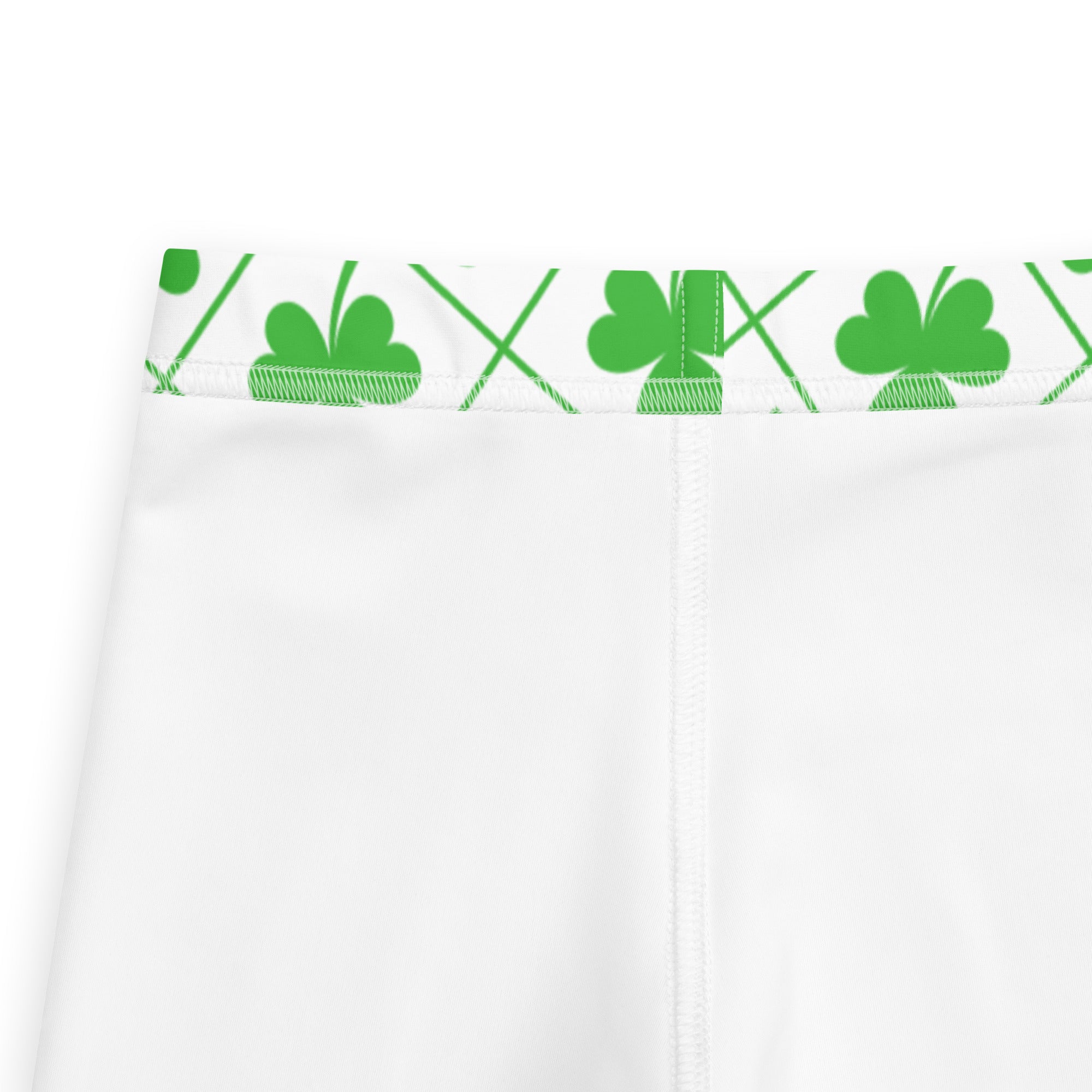 Girls shamrock grid buttery soft leggings white athletic shorts with green shamrock pattern along the waistband