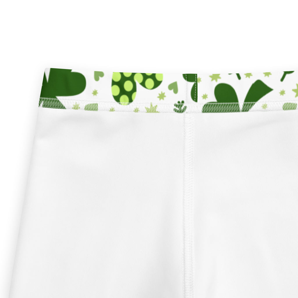 Girls shamrock and heart buttery soft leggings with white shorts and green leaf polka dot patterned waistband