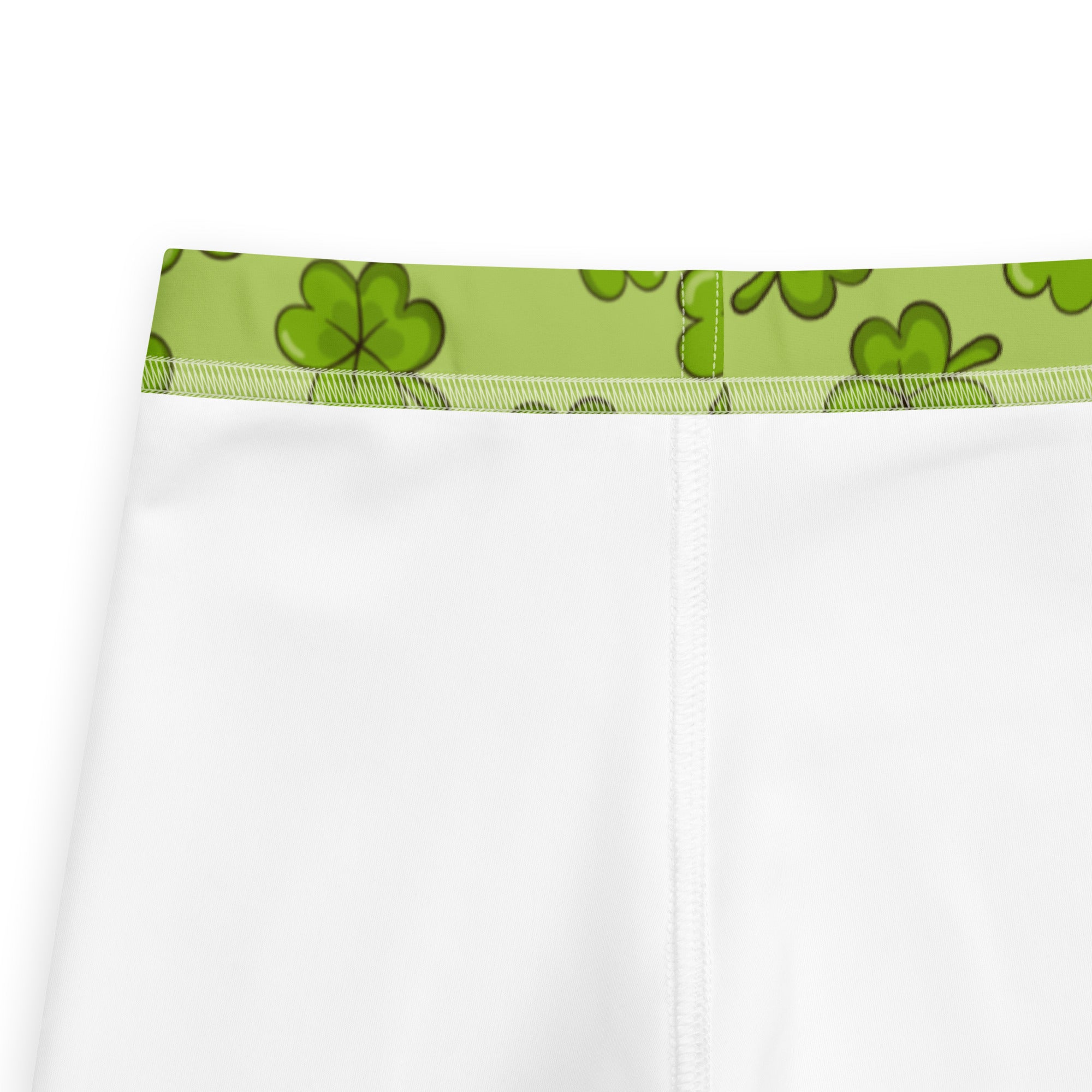 Girls lime green shamrock buttery soft leggings white shorts with lime green waistband and cartoon four leaf clovers
