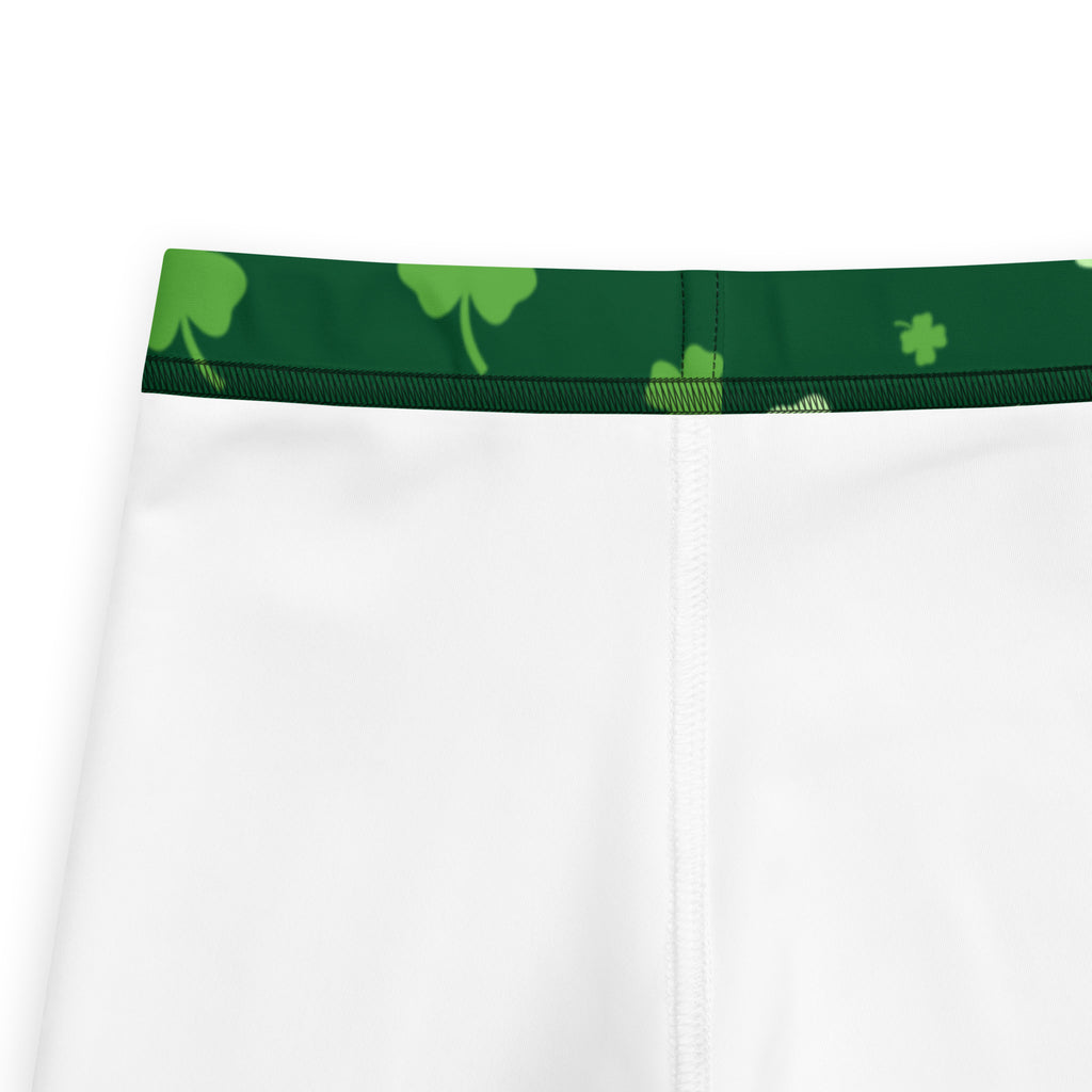 Girls lucky clover buttery soft white shorts with green shamrock waistband for st patricks day wear