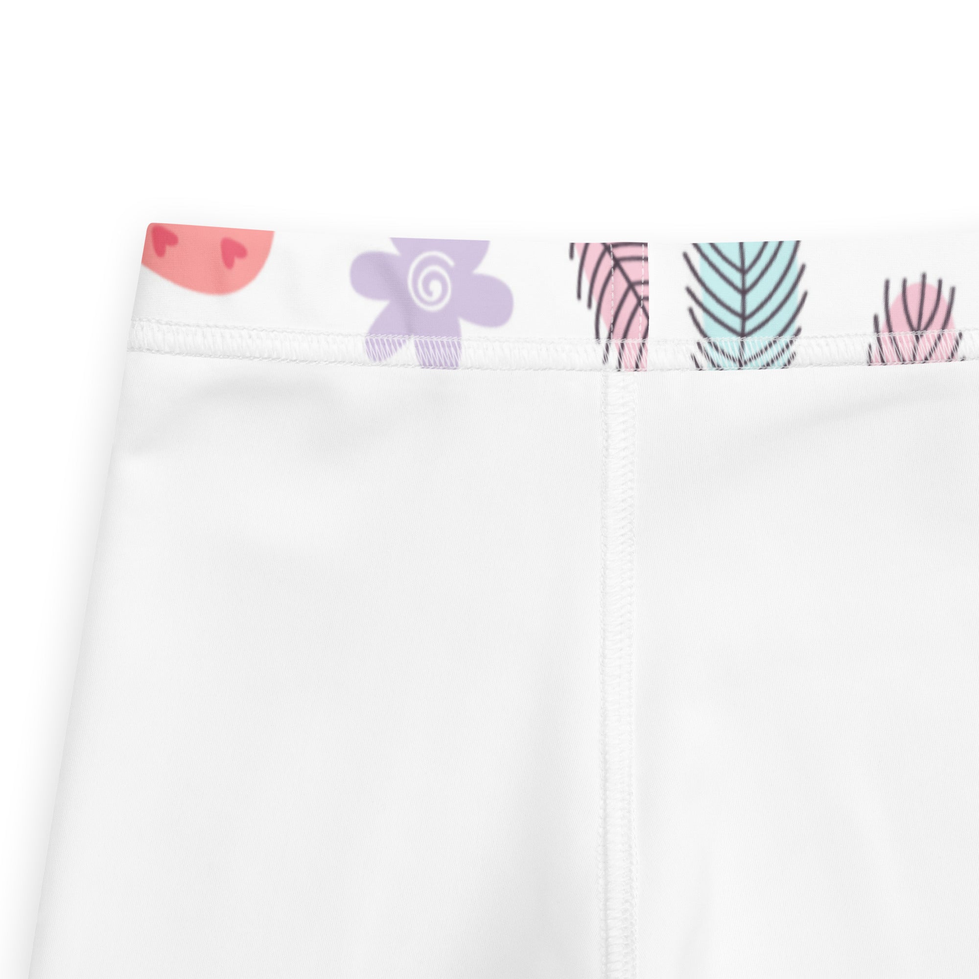Kids floral easter egg buttery soft white leggings with colorful waistband featuring pink watermelon purple flowers and teal leaves