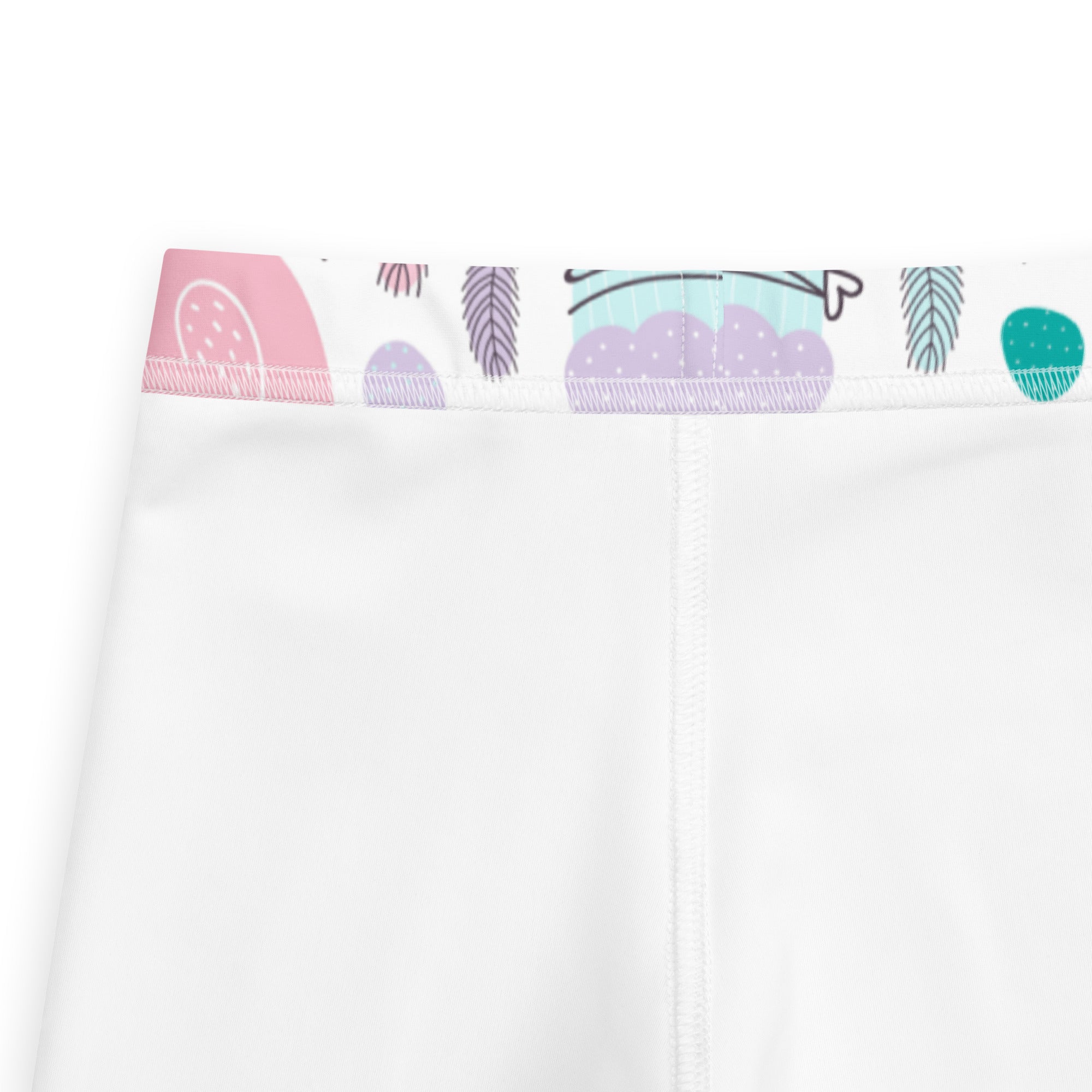 Girls Easter bunny and chick buttery soft white leggings with a colorful pastel waistband featuring whimsical illustrations