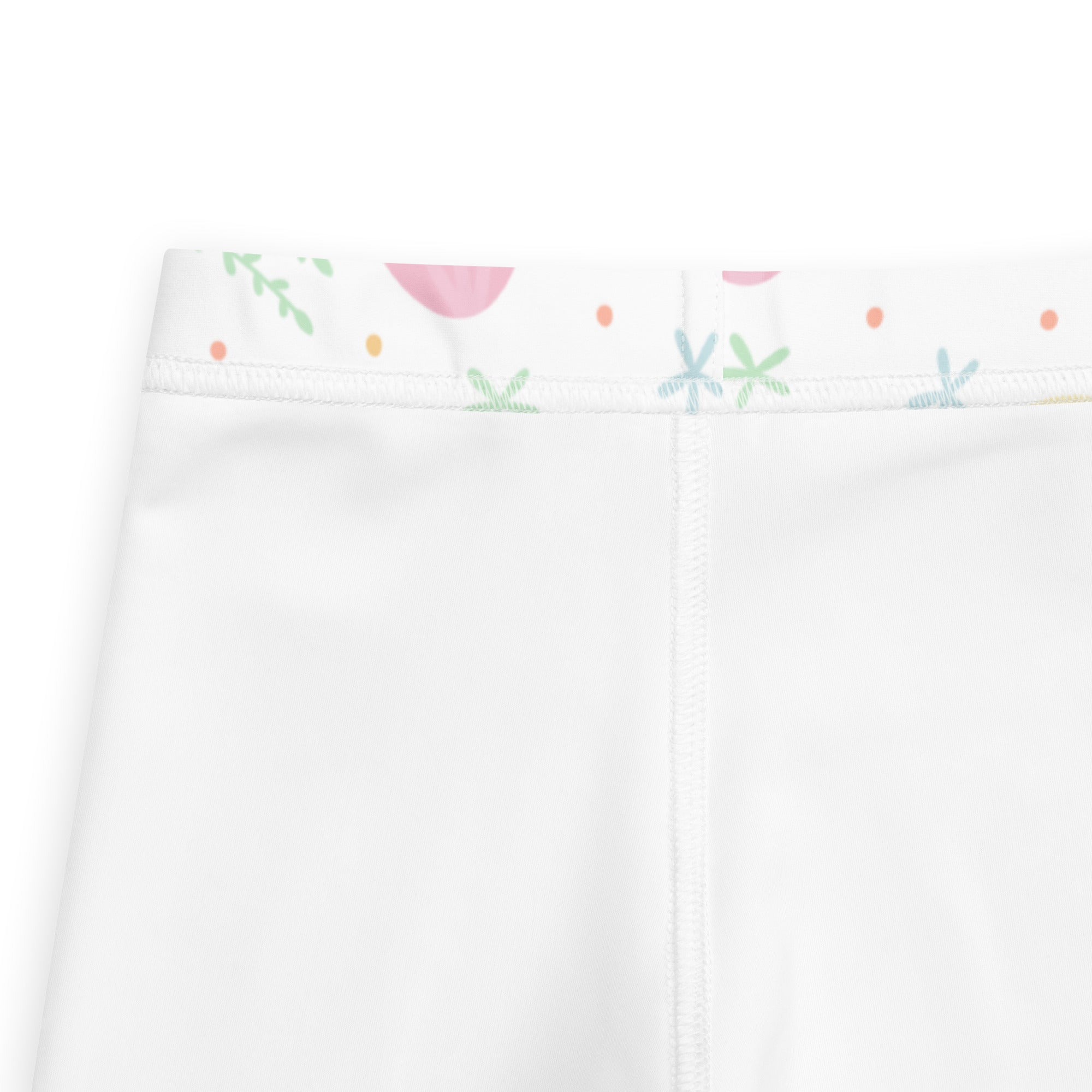 Girls cute Easter egg buttery soft white leggings with pastel pink green and orange floral waistband patterns