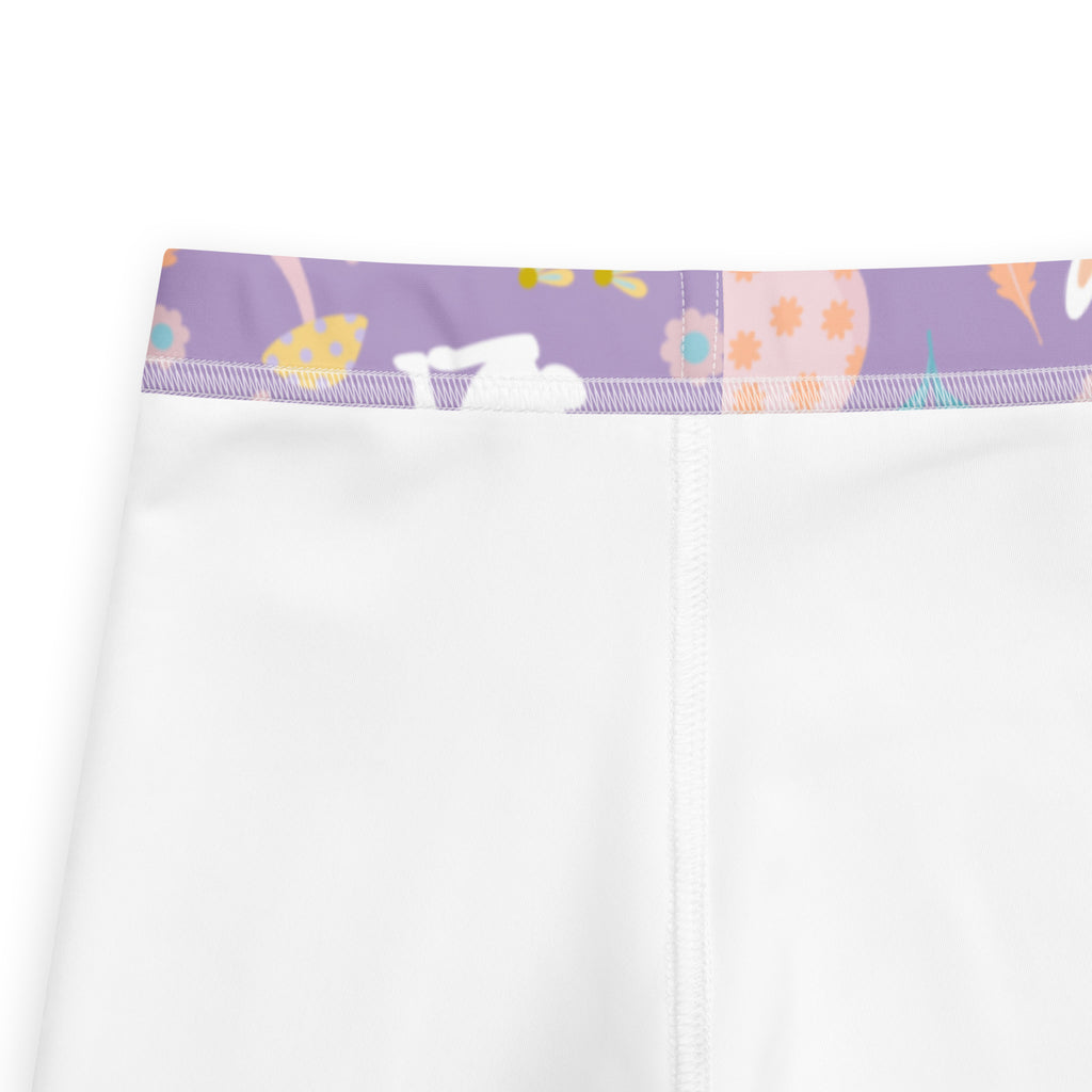 Girls purple easter bunny buttery soft leggings white with purple waistband and playful bunny egg flower pattern
