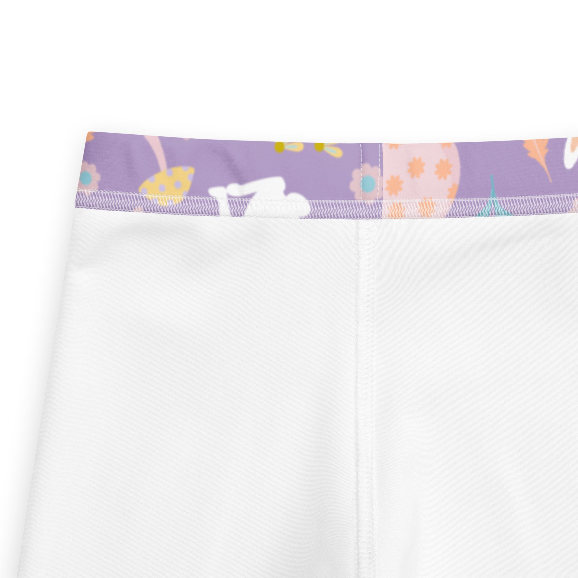 Girls purple easter bunny buttery soft leggings white with purple waistband and playful bunny egg flower pattern