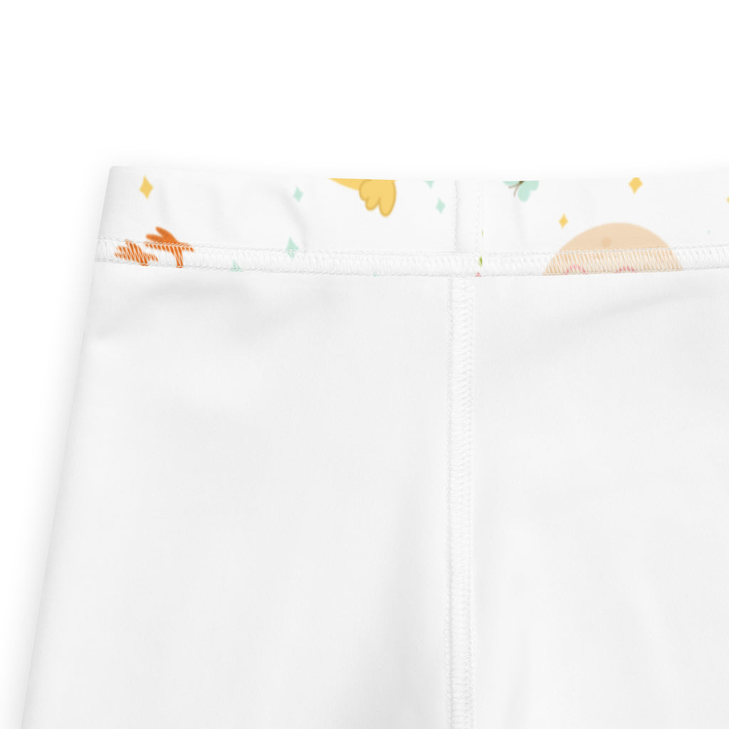 White girls easter chick buttery soft leggings with colorful orange and yellow insect patterns on waistband