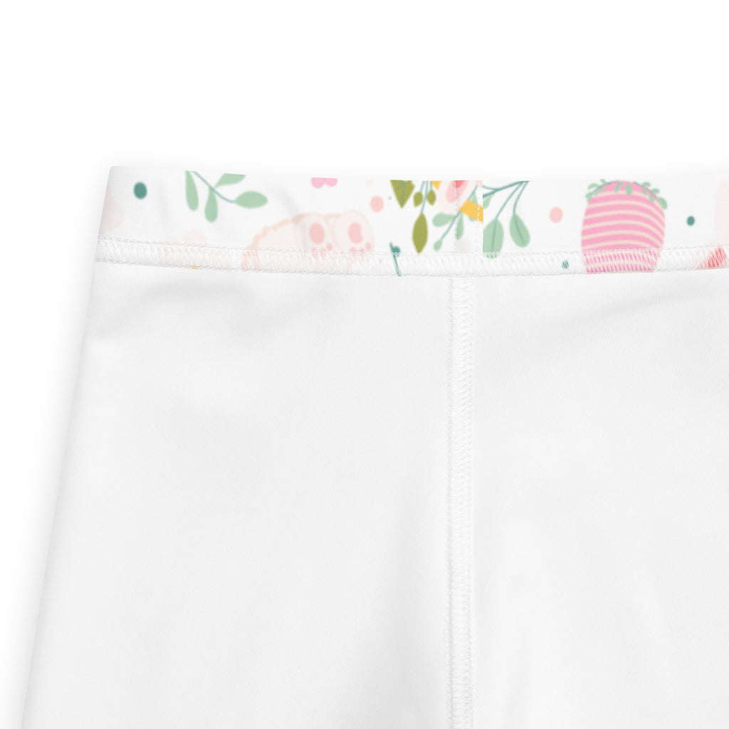 Girls Easter bunny basket buttery soft white leggings with delicate floral and fruit pattern along the waistband
