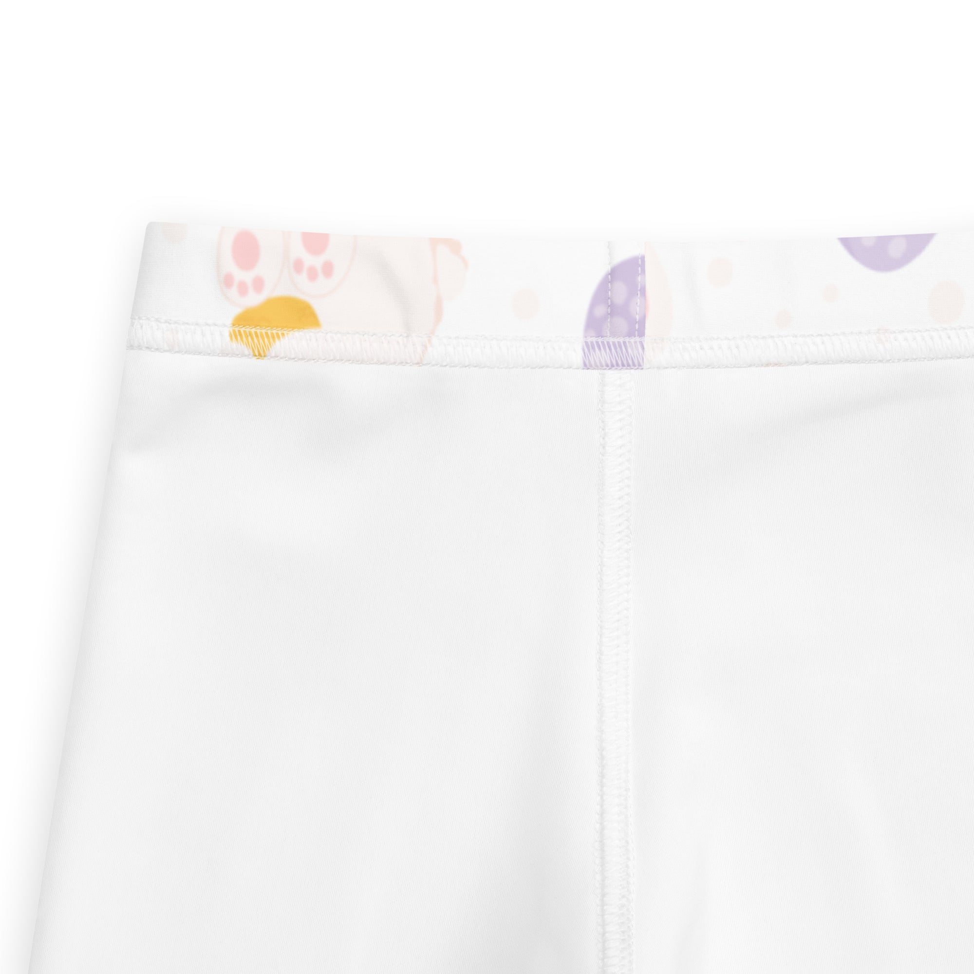 Girls cute easter bunny buttery soft white leggings with playful waistband featuring pink paw prints yellow cupcakes and purple shapes