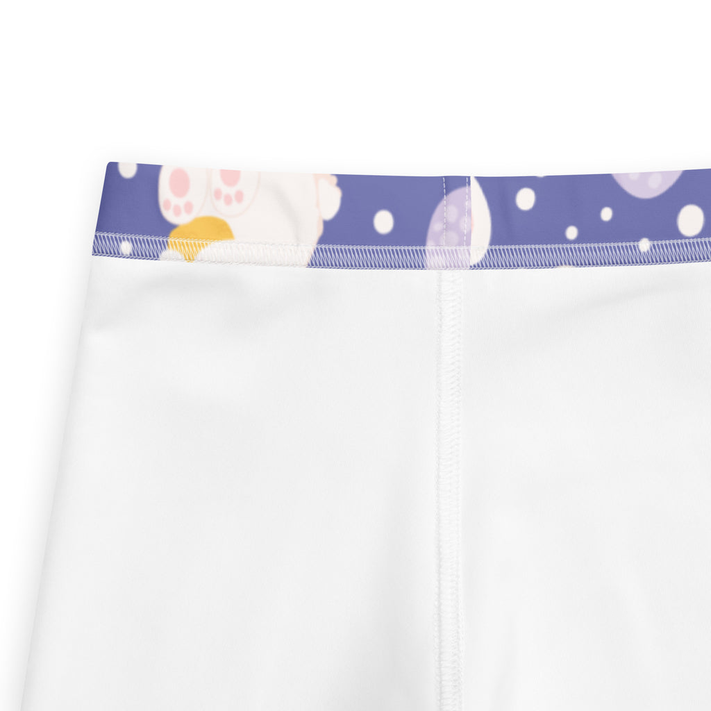 Girls purple easter bunny buttery soft white leggings with playful waistband featuring purple background paw prints and yellow accents