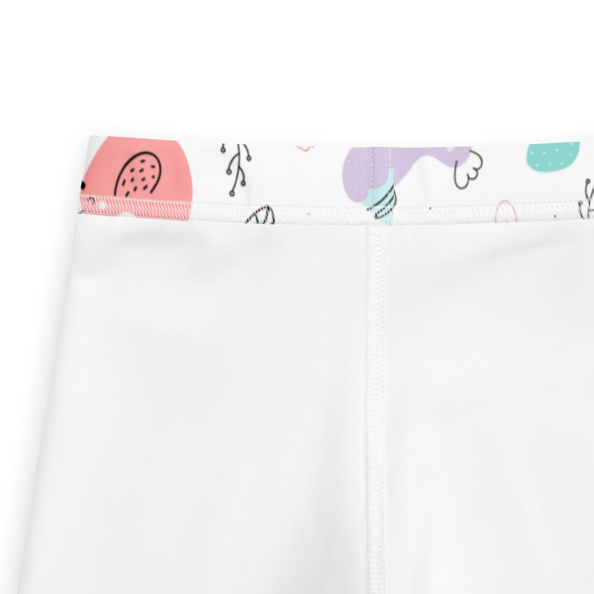 Girls pastel easter chick buttery soft white leggings with colorful cartoon waistband in pink purple and teal shapes