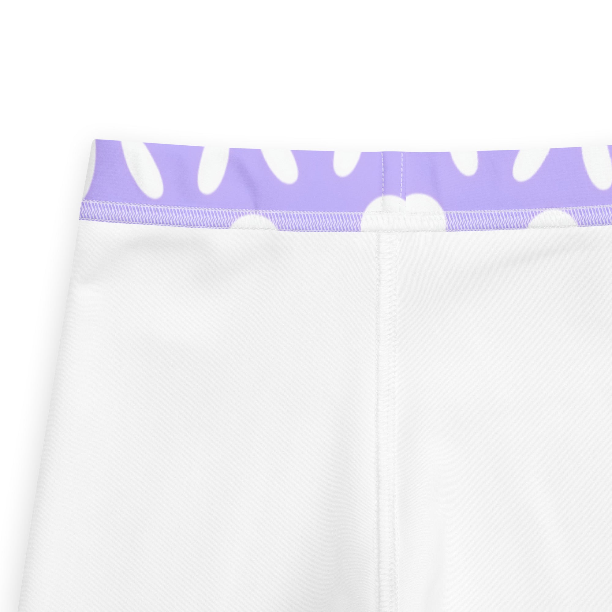 Girls purple easter bunny buttery soft leggings with white cloud pattern on lavender waistband and white leggings