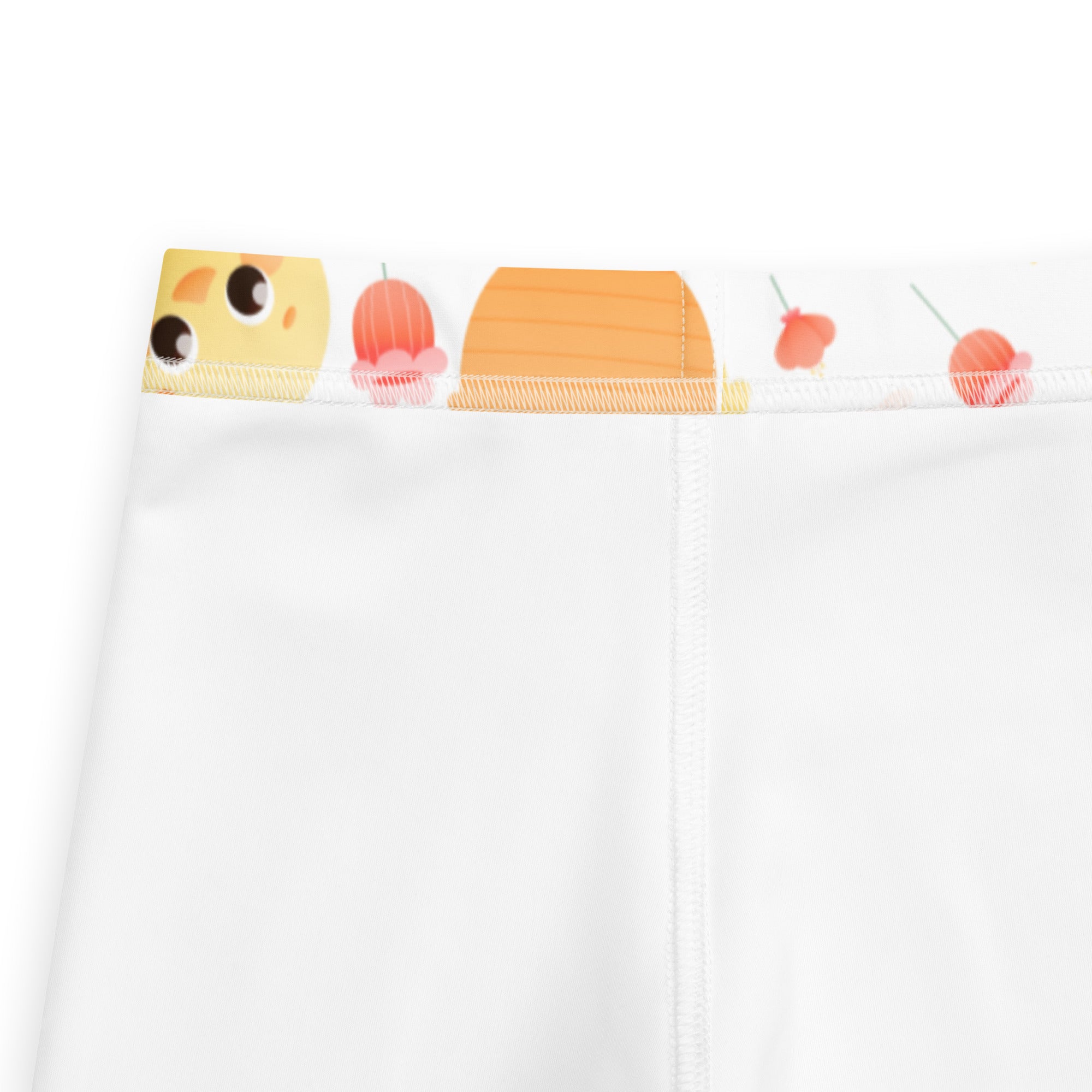 White girls floral bunny and chick buttery soft leggings with playful cartoon waistband featuring chick cupcake and cherry designs
