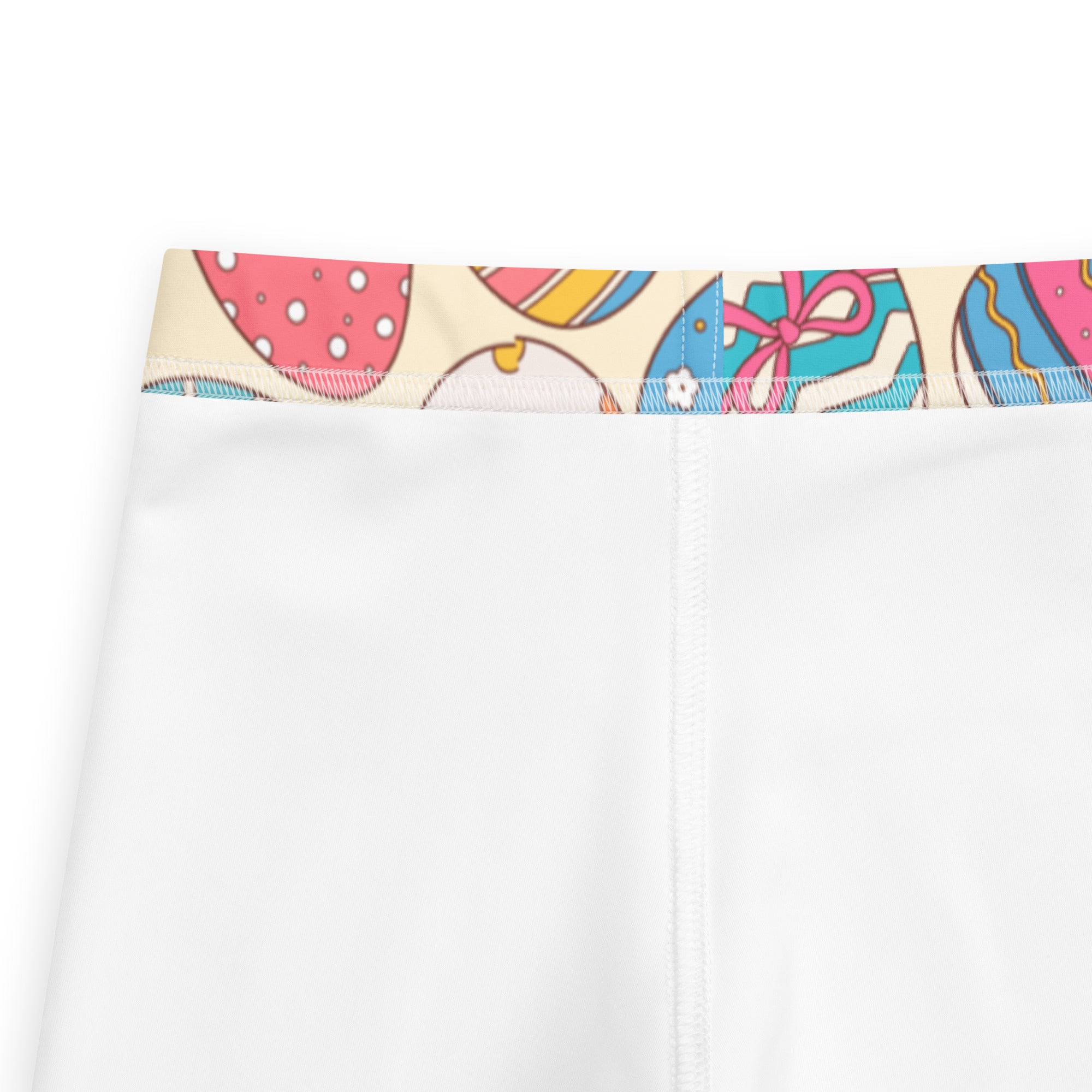 Girls vintage Easter egg buttery soft white leggings with a colorful waistband featuring pink strawberries and blue gifts