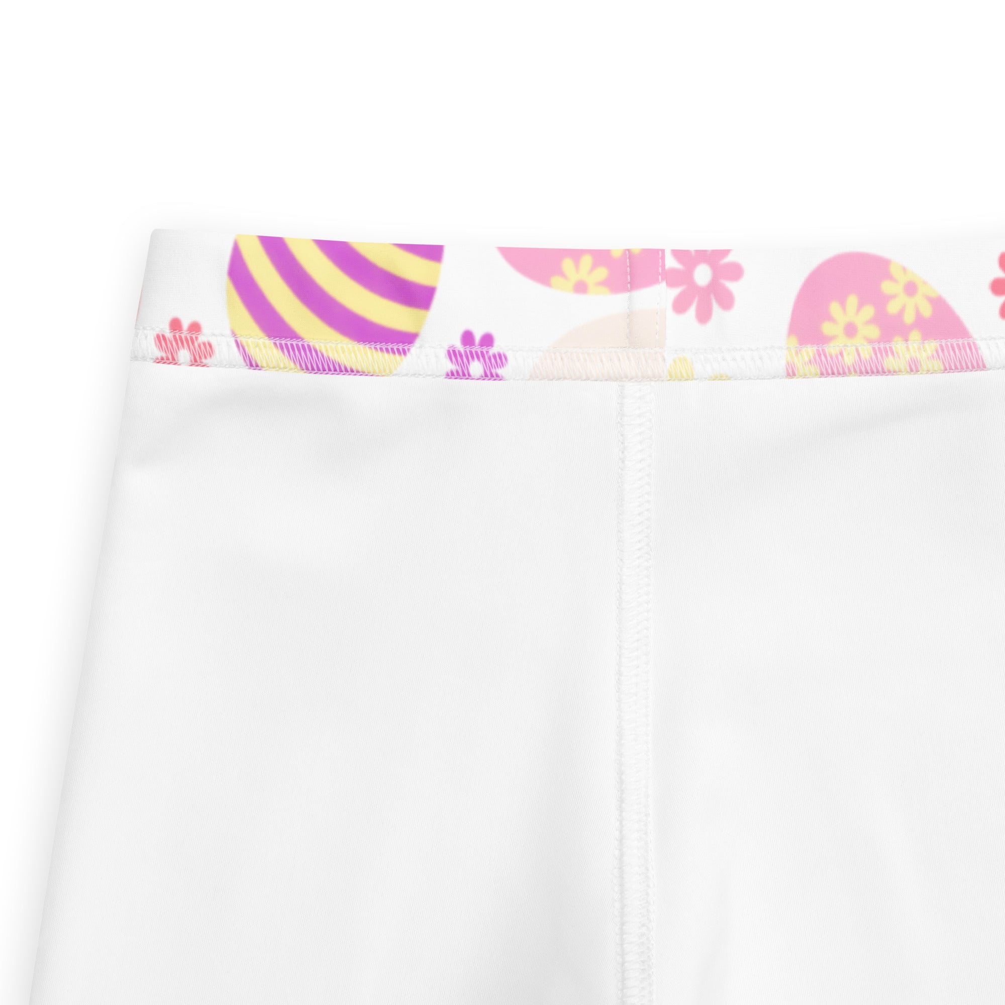 Girls pink bunny buttery soft white leggings with colorful elastic waistband featuring pink yellow purple easter eggs
