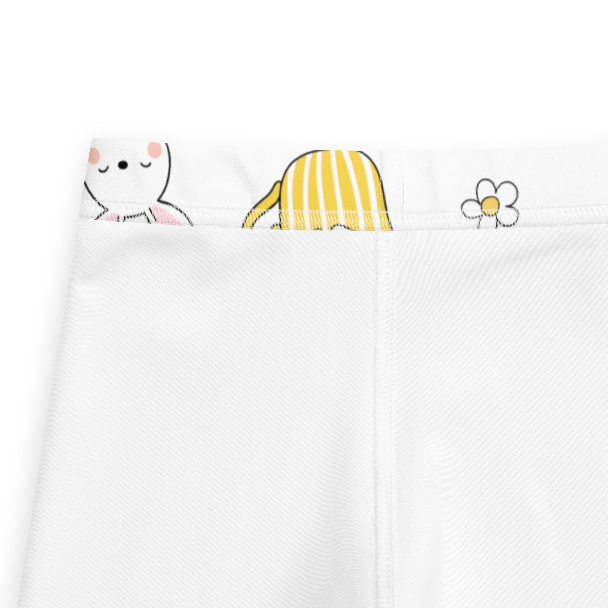 Girls bunny teacup easter buttery soft white fabric pants with playful waistband featuring bunny dog and daisy prints