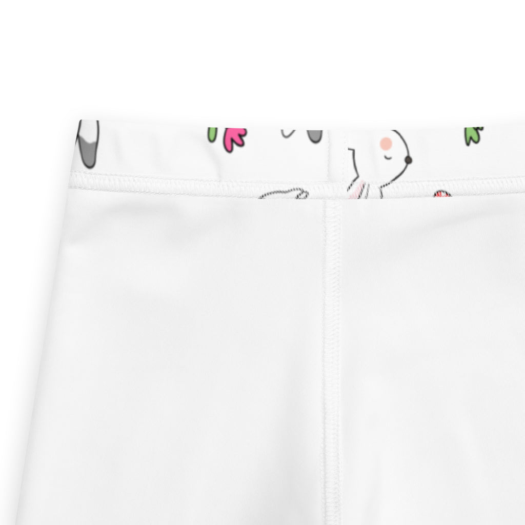 White buttery soft girls leggings with playful cartoon rabbit and flower waistband pattern for easter wear