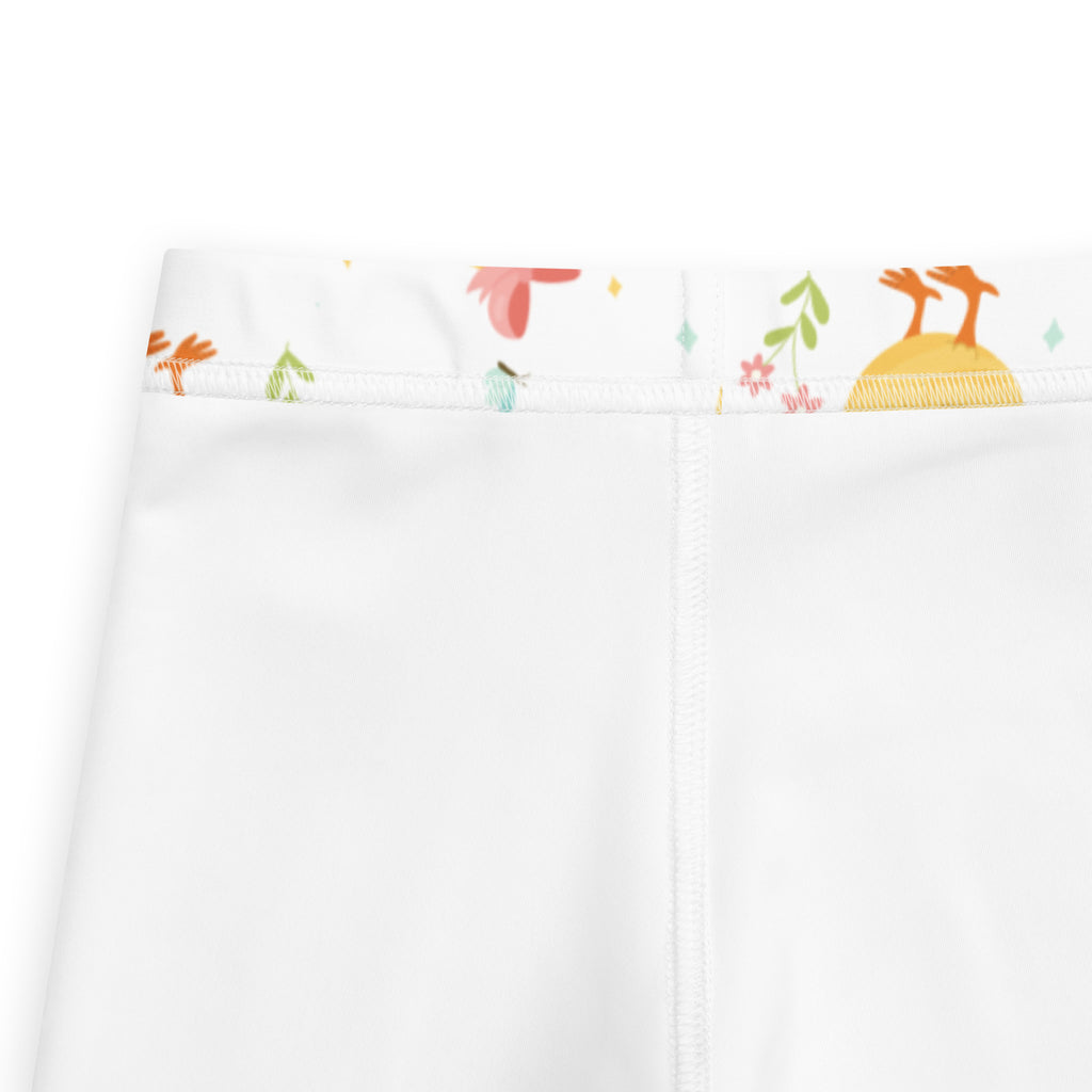 White girls cute chick Easter leggings with colorful cartoon animals and foliage waistband buttery soft fabric