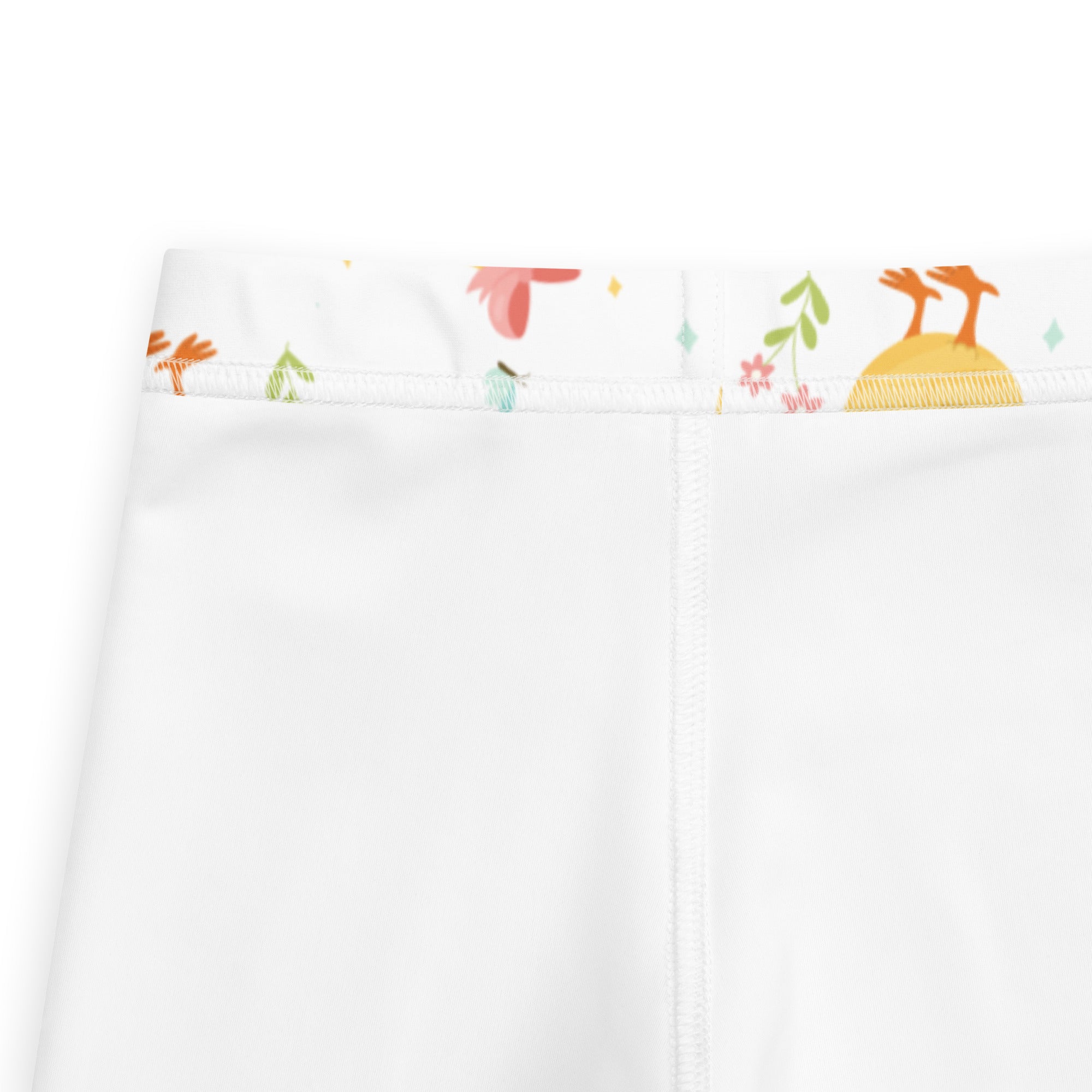 White girls cute chick Easter leggings with colorful cartoon animals and foliage waistband buttery soft fabric
