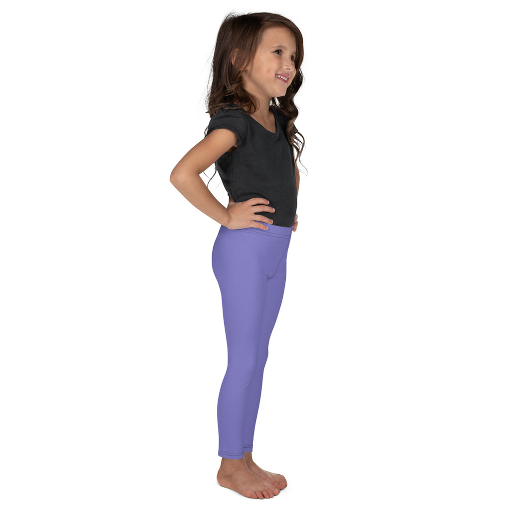 Girls buttery soft purple leggings made of stretchy fabric shown from the back side