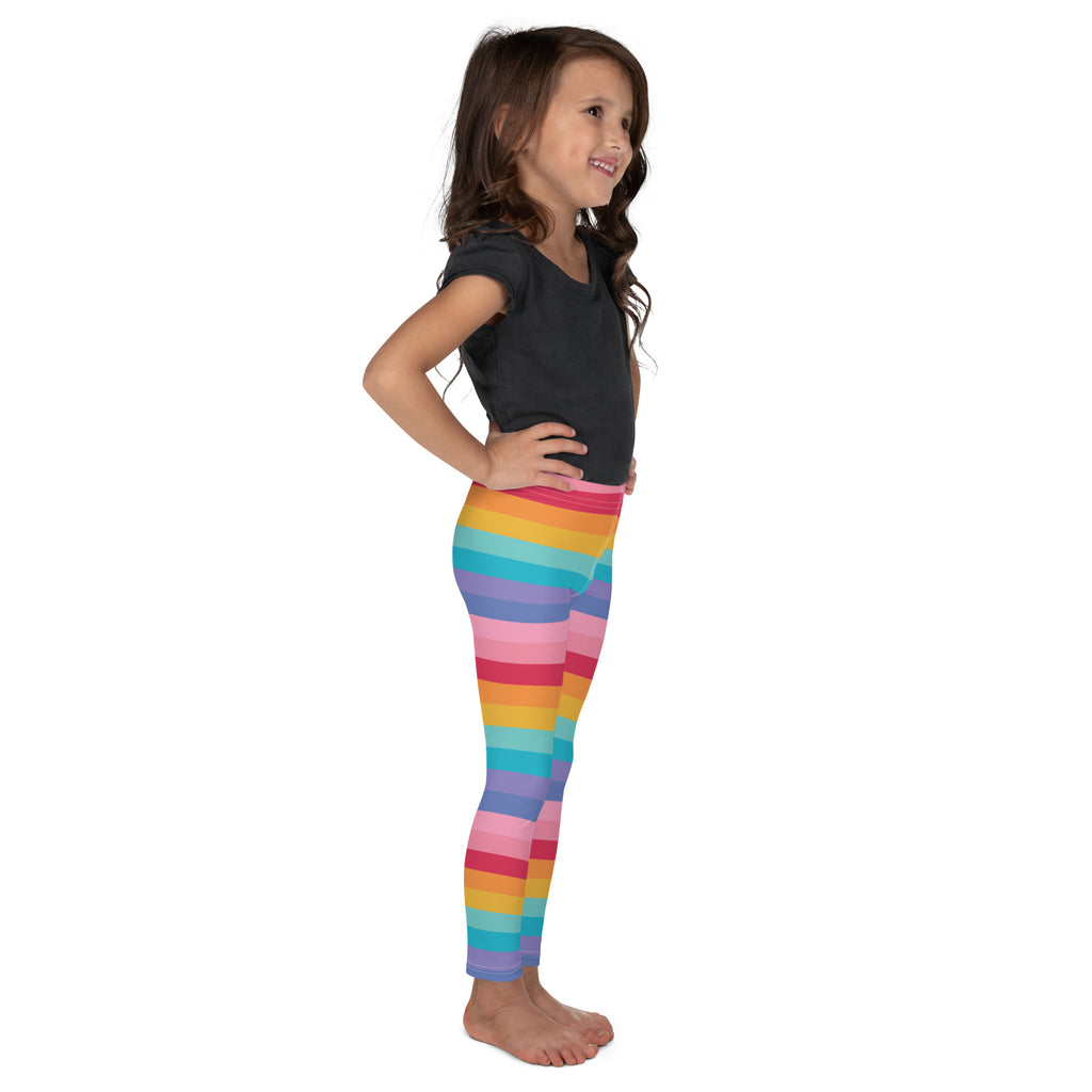 Girls bright rainbow striped buttery soft leggings with vibrant horizontal bands of pink orange yellow green blue purple