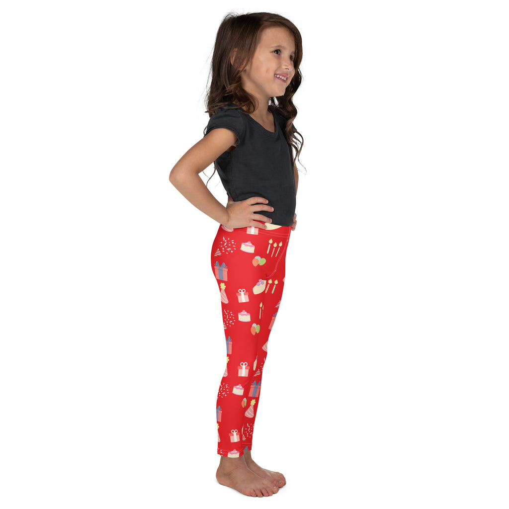 Kids red birthday pattern buttery soft leggings with festive cakes candles and gift boxes pattern