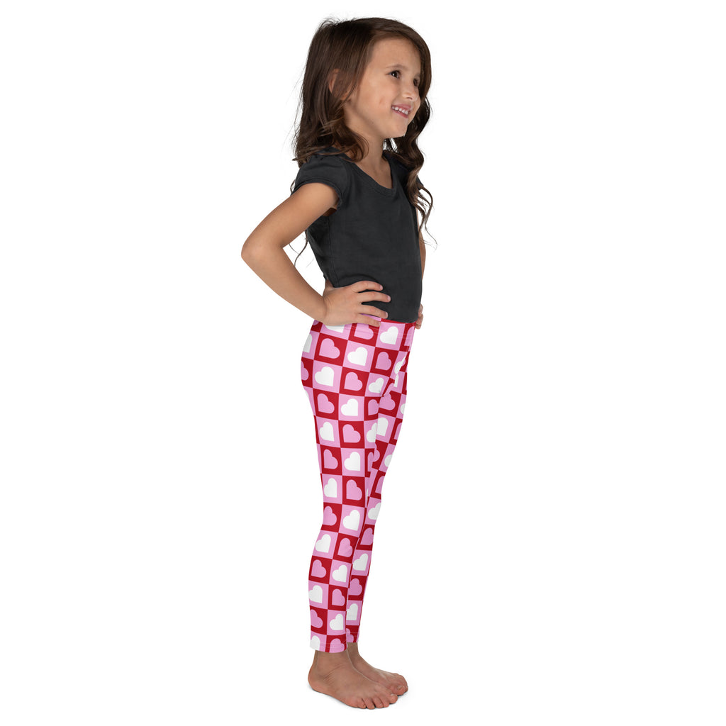 Girls pink checkered heart buttery soft leggings featuring red and white heart pattern for comfortable wear
