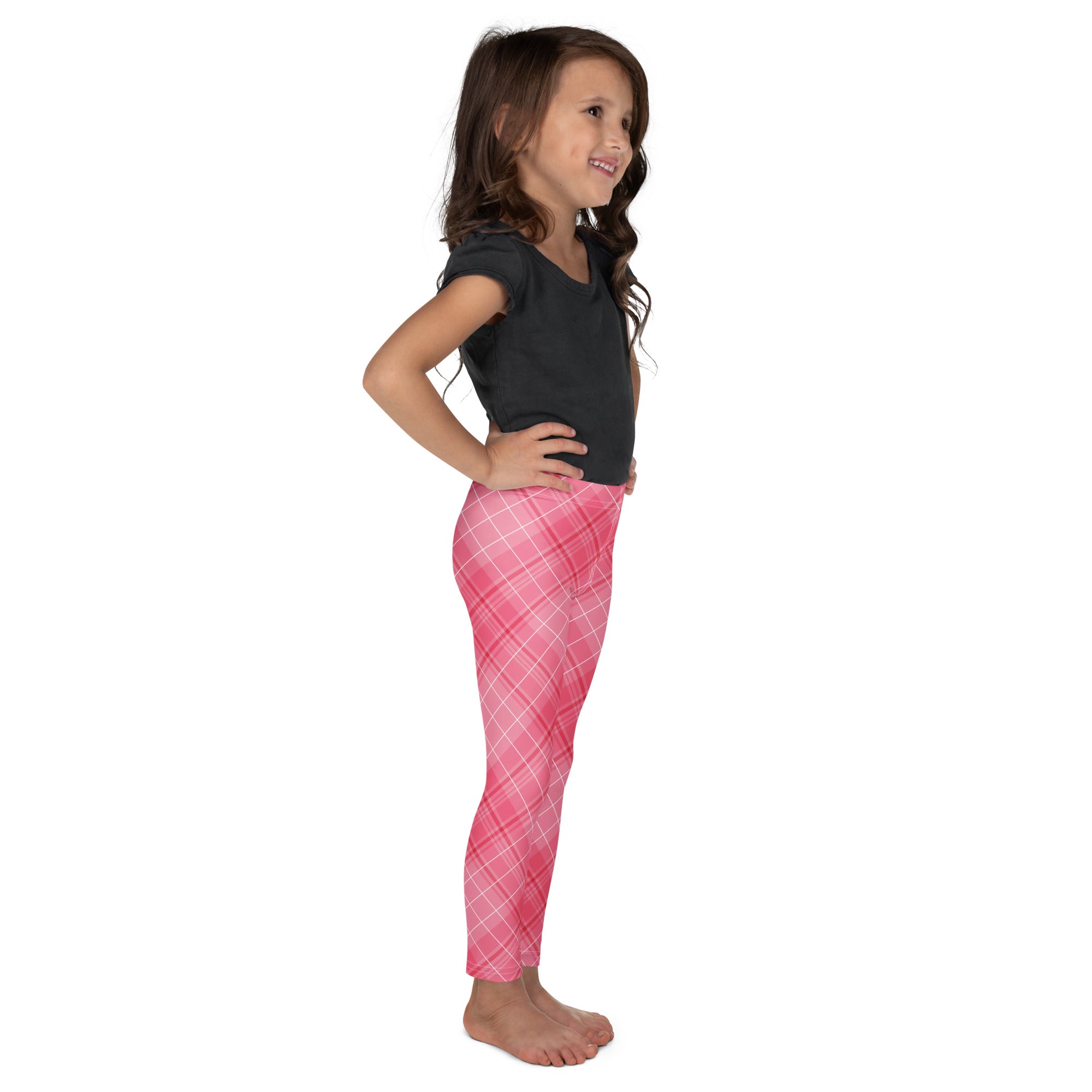 Girls pink plaid buttery soft leggings featuring a gradient effect with white intersecting lines