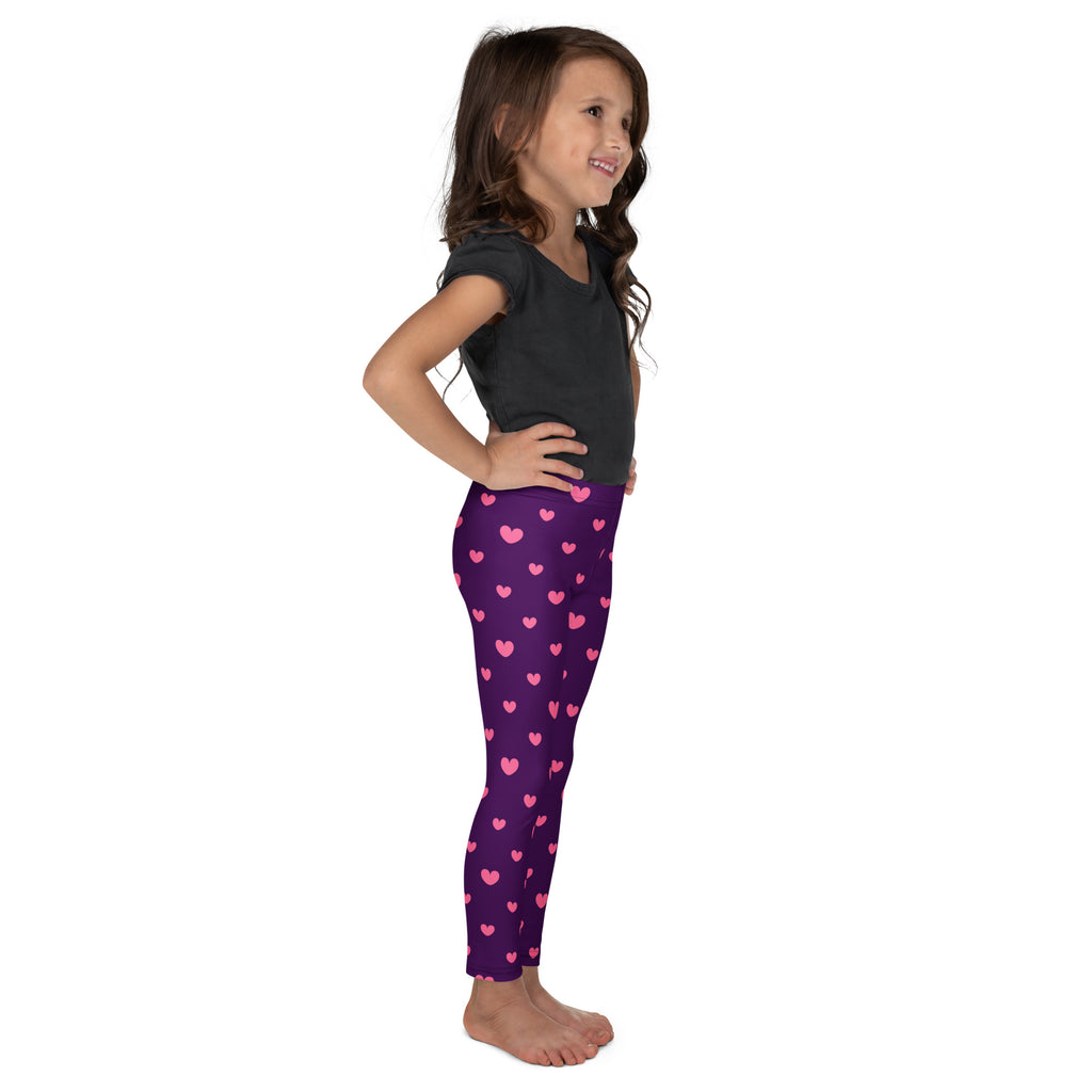 Girls purple heart leggings with a buttery soft fabric and pink heart pattern perfect for everyday wear