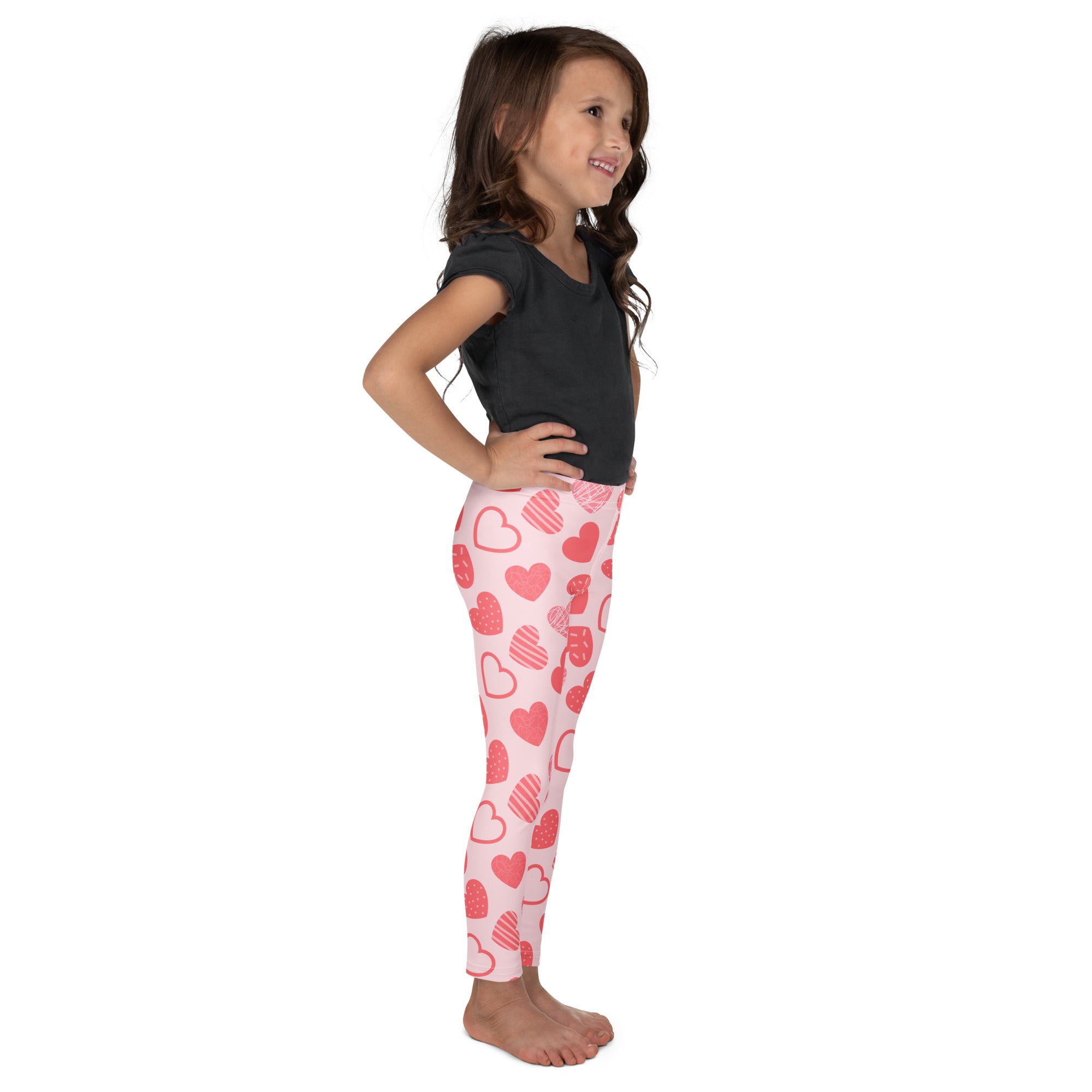 Girls pink heart pattern leggings with red and pink hearts buttery soft fabric for comfortable wear
