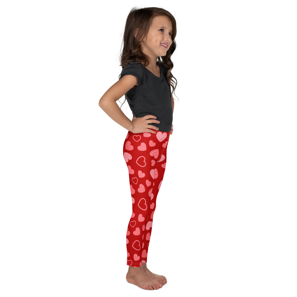 Girls red buttery soft leggings with pink and white heart pattern perfect for everyday wear
