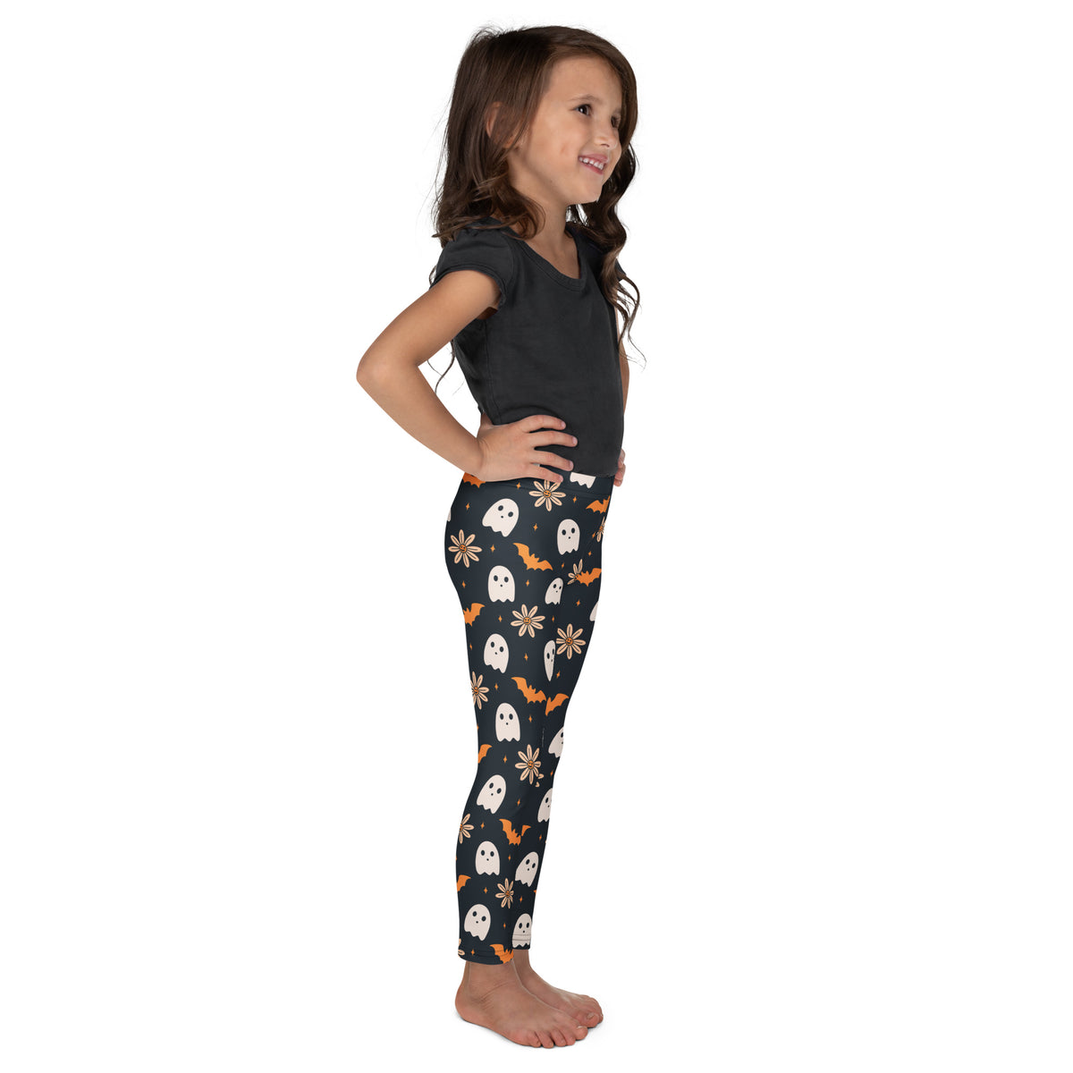 Girls Floral Ghost Bat Halloween Leggings - Warm, Buttery Soft & Stretchy